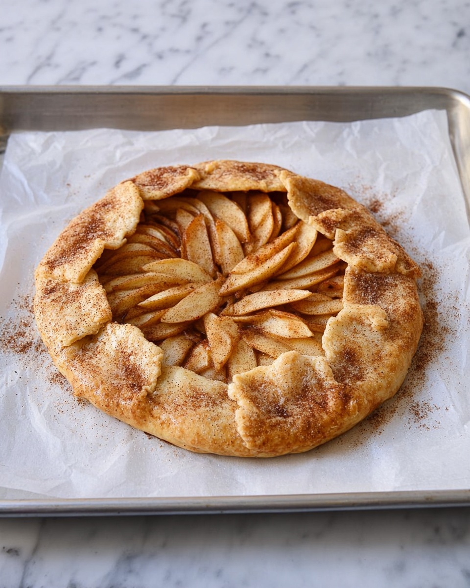 The image shows a round galette on white parchment paper placed on a metal baking tray. The galette has one visible layer of folded golden dough forming a thick border around the edges, sprinkled with brown sugar and cinnamon. Inside, there is a single layer of evenly arranged, thinly sliced apple pieces that have a light brown color from cinnamon and sugar. The tray rests on a white marbled surface, and the overall look is rustic and simple, with the folded dough giving the galette a cozy, homemade feel. photo taken with an iphone --ar 4:5 --v 7