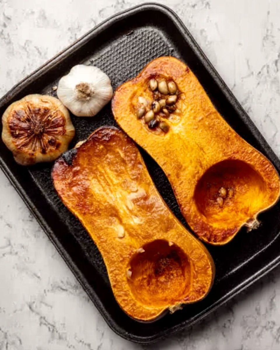 The image shows a black baking tray on a white marbled surface. On the tray, there are two halves of roasted butternut squash with a golden-brown, slightly charred surface and fleshy orange inside. Each half has some dark roasted seeds in the center cavity. Next to them, there is a whole garlic bulb roasted to a light golden color with some cloves popping out, and a small round roasted onion with a dark brown, crispy top. Photo taken with an iphone --ar 4:5 --v 7