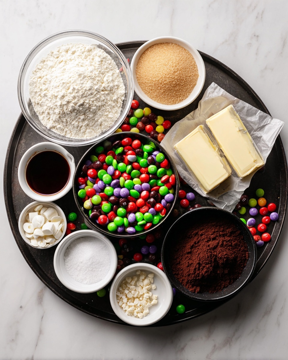 A round black tray holds several small white bowls and containers with baking ingredients arranged neatly. At the top left is a clear glass bowl filled with white flour. To the top right, there is a small white bowl full of light brown sugar and an open wrapper with a stick of pale yellow butter resting beside it. At the bottom right, a white bowl is filled with dark brown cocoa powder. Near the center bottom is a black bowl packed with colorful red, green, and purple candy-coated chocolates, with some white chocolate chips scattered around it. Small white bowls with granulated white sugar, salt, and a powdery white ingredient are placed in the middle and bottom left. A tiny white cup with dark vanilla extract sits at the bottom left corner. The scene is set on a white marbled surface with scattered candy-coated chocolates adding bright pops of color across the tray. photo taken with an iphone --ar 4:5 --v 7