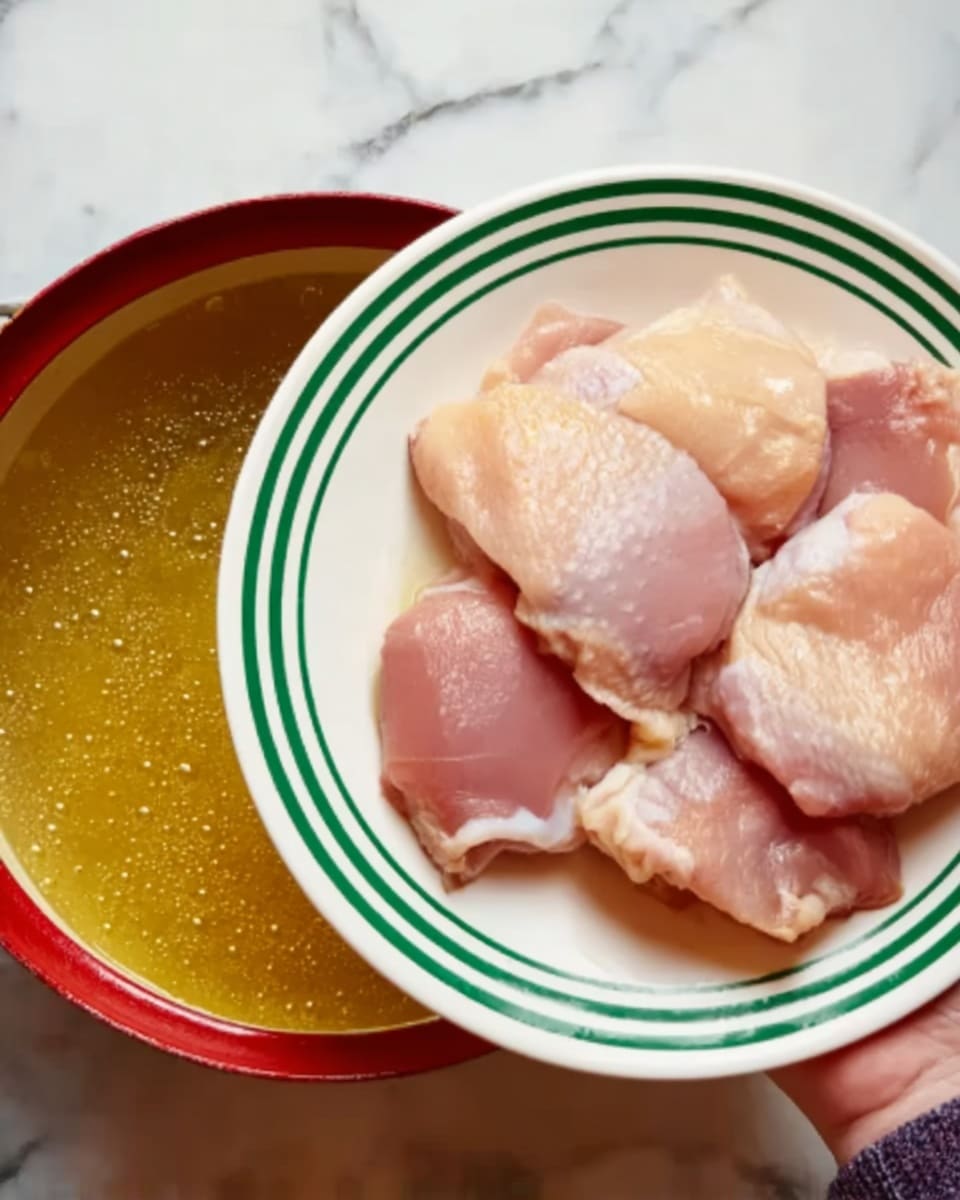 A white plate with green stripes around the edge holds several raw chicken thighs, pale pink with smooth, slightly shiny skin and some white fat patches. The plate is held above a red pot filled with clear, golden-yellow broth with small bubbles and a slightly oily surface. The pot sits on a white marbled texture. A woman's hand gently holds the edge of the plate, lowering the chicken into the hot broth. Photo taken with an iphone --ar 4:5 --v 7