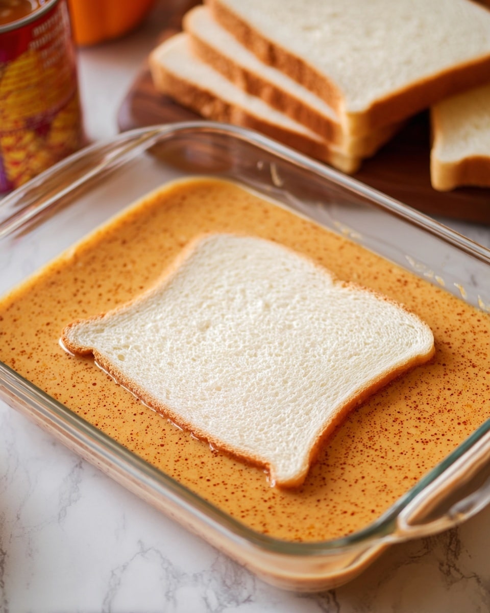 A clear glass rectangular dish holds one slice of white bread soaking in a thick, orange-brown liquid mix with visible small dark specks spread evenly across the surface. The bread floats slightly raised above the bottom, fully soaked at the edges. In the background, some plain slices of white bread rest on a white marbled surface near a blurred can with autumn colors. The scene is simple and focused on the soaking bread. Photo taken with an iphone --ar 4:5 --v 7