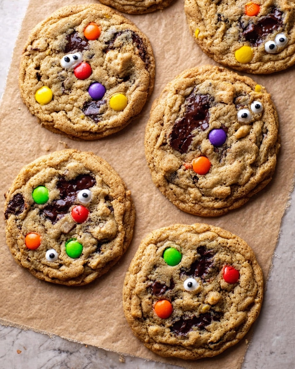 There are five large cookies placed on a light brown parchment paper with a white marbled background underneath. The cookies have a golden brown, slightly rough texture with visible dark chocolate chunks melting into the surface. Each cookie is decorated with colorful candy pieces in bright red, orange, yellow, green, purple, and brown, along with small white candy eyes that give a playful look. The cookies look soft with a slightly crisp edge and an even round shape, some overlapping slightly. The photo was taken with an iphone --ar 4:5 --v 7