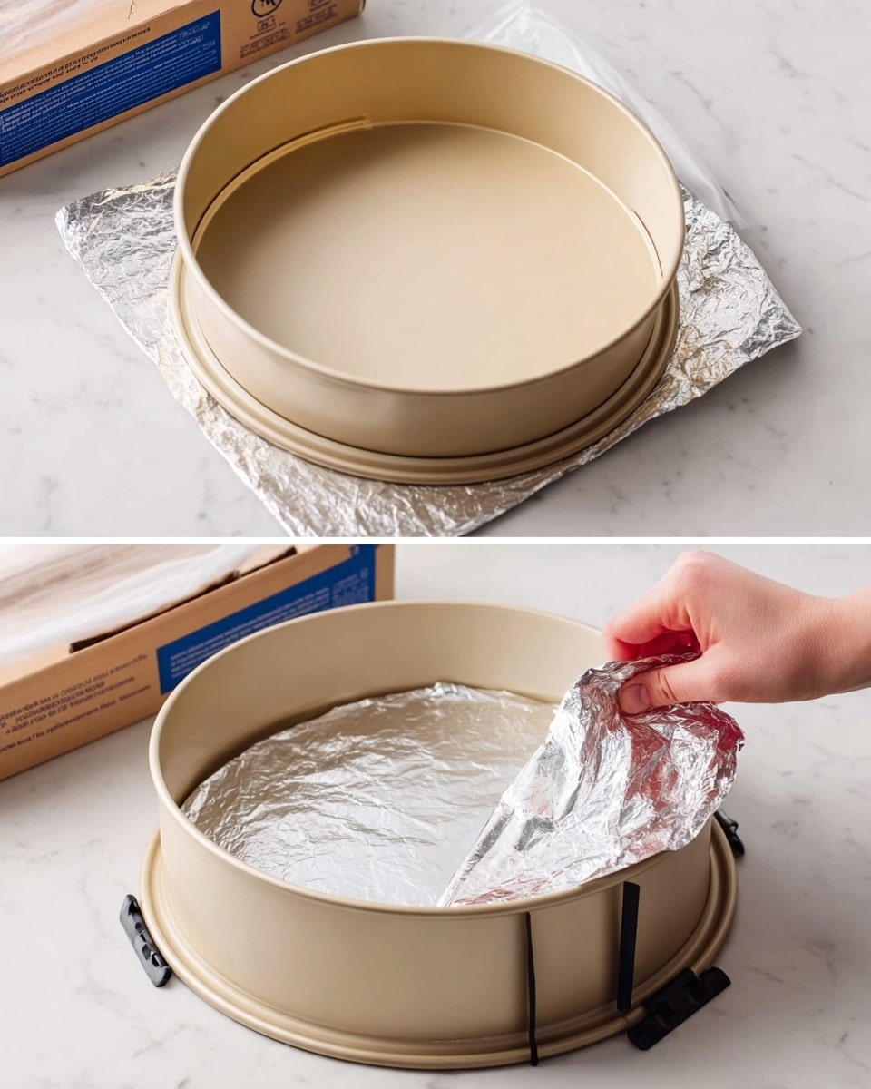The image shows two pictures side by side on a white marbled surface. On the left, there is a beige round springform cake pan with a matching base sitting on a sheet of aluminum foil. Above it, a box of plastic wrap is partially visible. On the right, a woman's hand is wrapping the same beige springform pan with a sheet of aluminum foil, covering the sides and part of the base. The pan is empty, with a smooth bottom and black locking clasps on the side. photo taken with an iphone --ar 4:5 --v 7