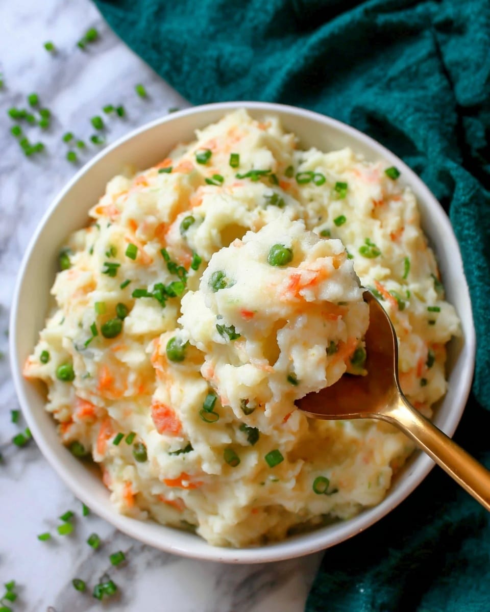 A white bowl filled with a thick layer of creamy yellow mashed potatoes that have small pieces of orange carrots and green peas mixed throughout. The surface of the mash has rough swirls and ridges, showing a soft, smooth texture with some chunkiness. In the center of the bowl, there is a small bunch of fresh green parsley leaves as decoration. The bowl is set on a dark blue and white checkered cloth with some loose green parsley stems nearby, all placed on a white marbled surface. photo taken with an iphone --ar 4:5 --v 7