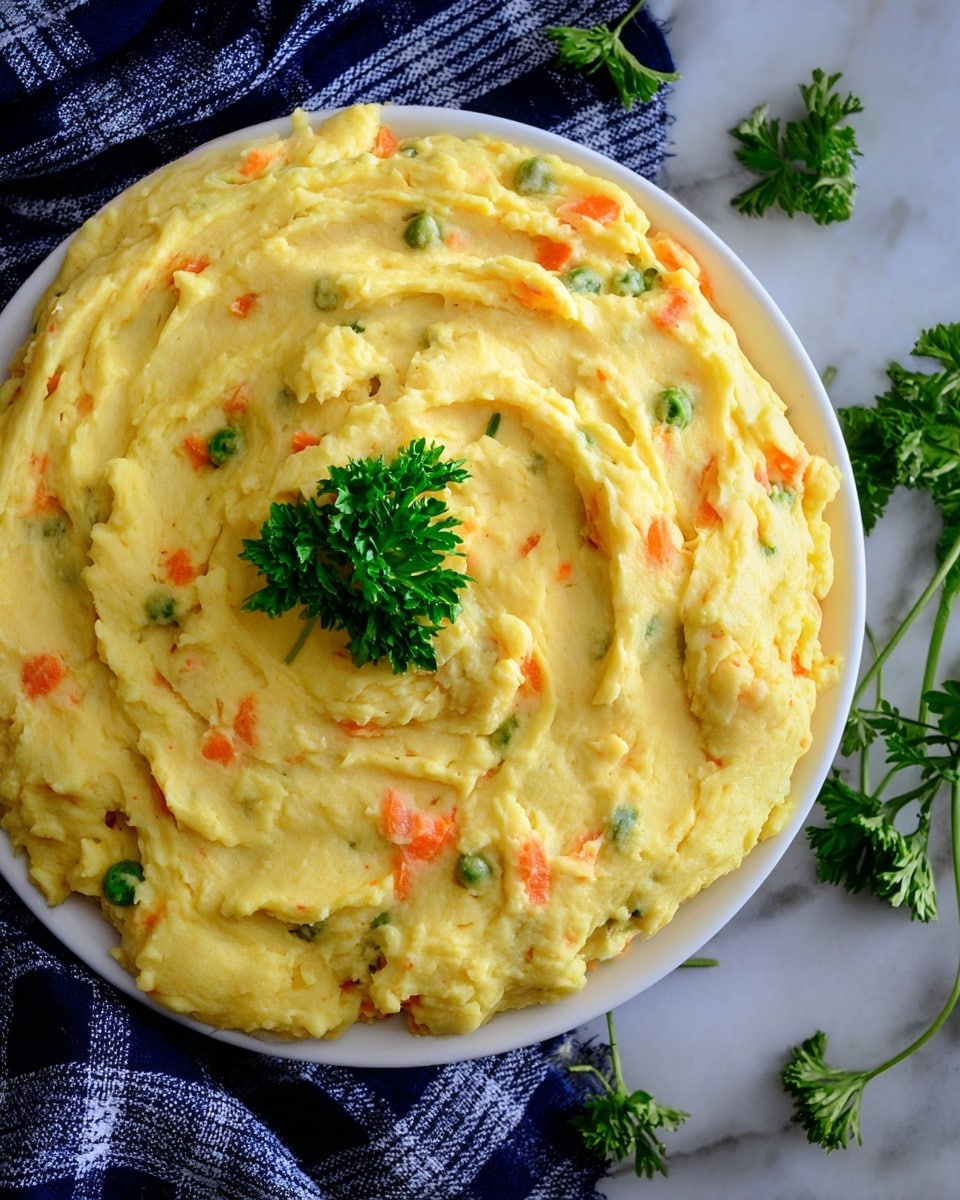 A white bowl filled with creamy mashed potatoes mixed with small pieces of orange carrots and green peas, topped with finely chopped green onions scattered across the surface. A golden spoon holds a scoop of the mashed potatoes near the center, showing a soft, textured mix of white creamy potatoes with bright bits of carrot and green vegetables. The bowl rests on a white marbled texture, with a dark green cloth blurred in the background. Photo taken with an iphone --ar 4:5 --v 7