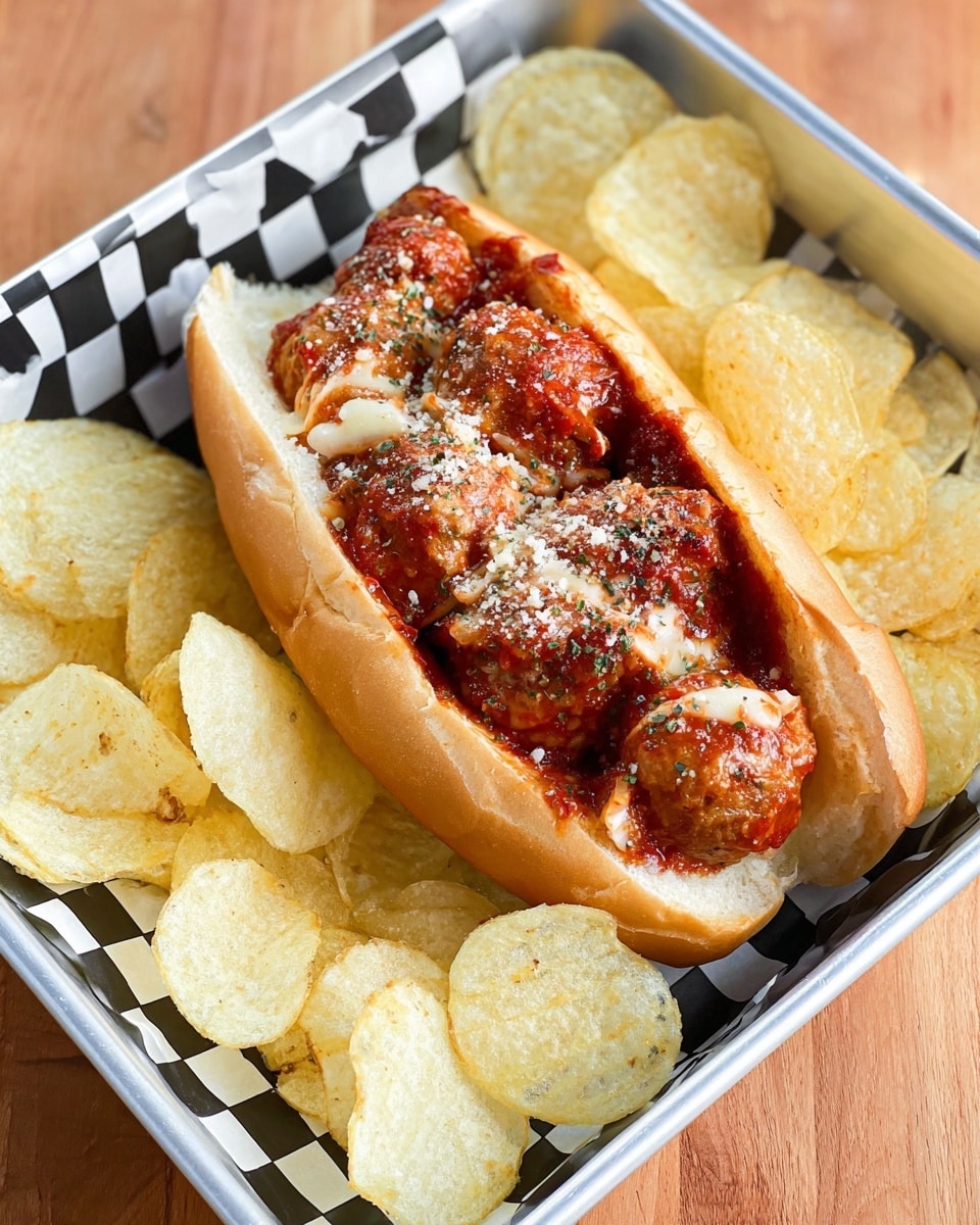 A meatball sub sandwich is shown on a white tray lined with black and white checkered paper, surrounded by light golden potato chips. The sandwich has a soft, light brown bun that is slightly open to reveal layers inside. The bottom layer is melted pale yellow cheese, topped with meatballs covered in a rich red marinara sauce sprinkled with small bits of grated white cheese and dried herbs. The chips around the sandwich are thin, round, and crispy with a slightly bubbled texture. The tray is placed on a wooden surface, but the background will be changed to a white marbled texture. photo taken with an iphone --ar 4:5 --v 7