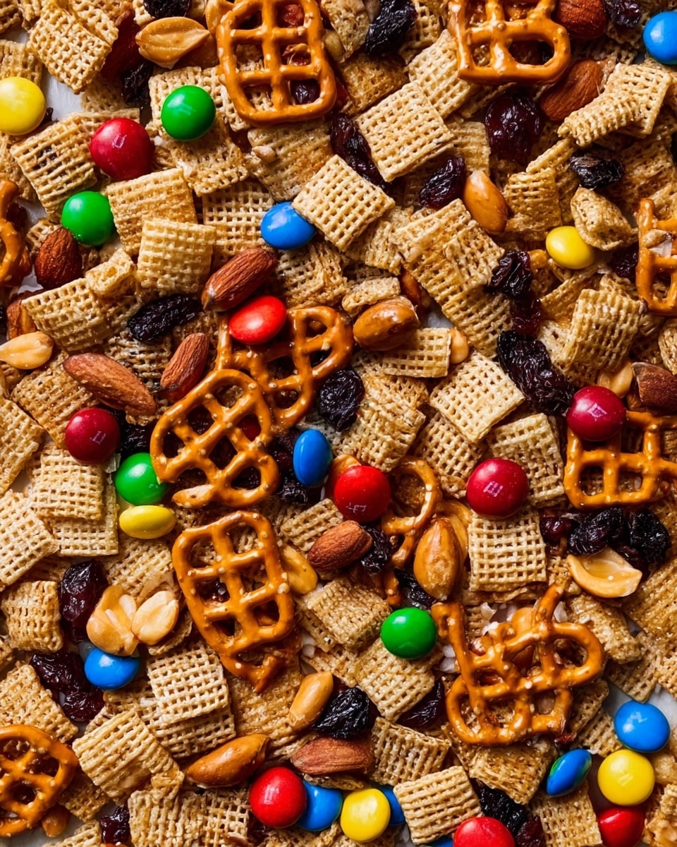 The image shows a close-up of a snack mix spread evenly in one layer. The mix includes light brown square cereal pieces with a waffle pattern, bright orange pretzels with a shiny surface, colorful candy-coated chocolates in red, yellow, green, and blue, light brown peanuts, and some dark raisins. All pieces are mixed together, creating a textured and colorful mix on a white marbled surface. photo taken with an iphone --ar 4:5 --v 7