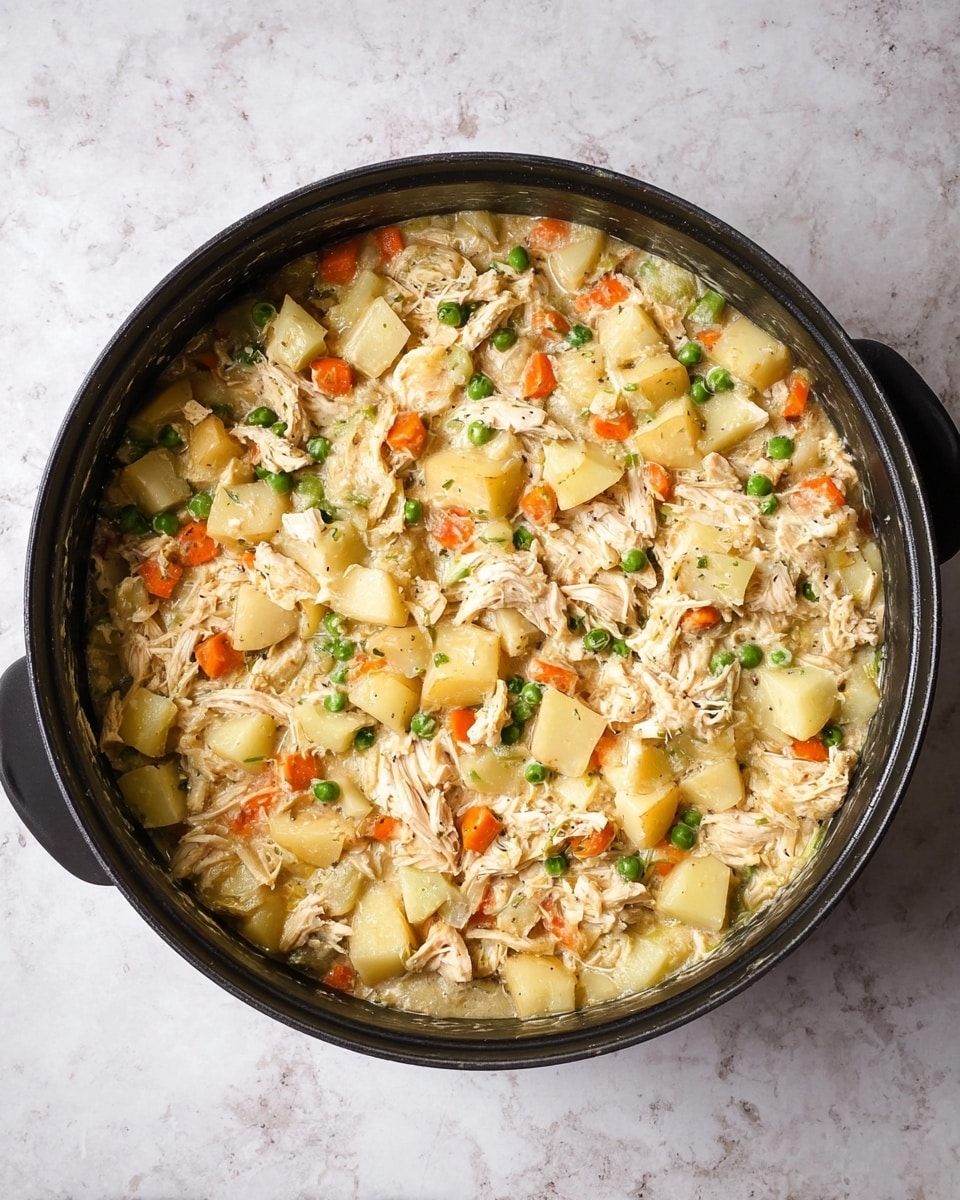 A black pot filled with a creamy mixture of shredded white meat chicken, light yellow potato chunks, orange carrot pieces, small green peas, and pale green celery bits, all mixed together in a thick sauce. The colors blend softly with the creamy texture holding the ingredients together, showing a homely, hearty dish. The pot rests on a white marbled surface. photo taken with an iphone --ar 4:5 --v 7