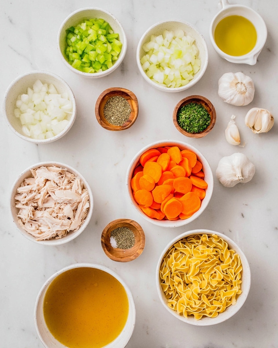 The image shows a clean white marbled surface with several small white bowls and one small wooden bowl arranged neatly. The bowls contain different ingredients: one with chopped white onions, another with chopped green celery, one with light brown shredded cooked chicken, one filled with round orange carrot slices, one holding uncooked yellow egg noodles, and one with golden yellow broth. There is also a small white bowl with clear olive oil and a wooden bowl with chopped green herbs. Two small garlic cloves and two small speckled bowls with mixed dried herbs and salt are placed on the left side. A white empty bowl is in the center. The lighting is bright, and the scene is neat and organized, photo taken with an iphone --ar 4:5 --v 7