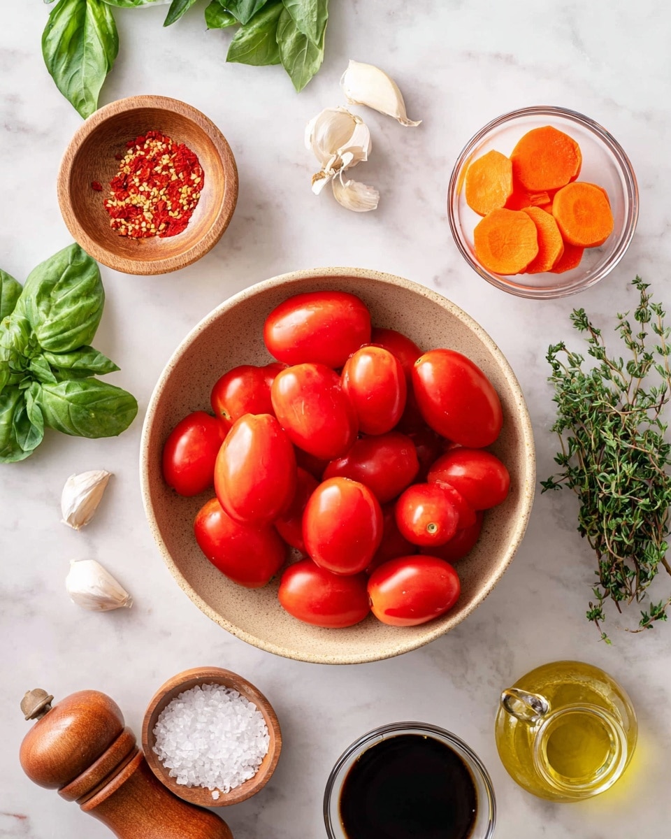 The image shows a round beige bowl filled with bright red tomatoes taking up the center right. Above the bowl, there is a small clear glass bowl with orange carrot slices and another small clear container holding dark soy sauce to the right. Surrounding the main bowl are scattered fresh green basil leaves on the left, a wooden bowl with red chili flakes above a wooden bowl with white salt below them. Cloves of garlic and some fresh thyme sit at the top left. At the bottom right corner, there is a small glass container with golden olive oil and a wooden pepper grinder. All items rest on a white marbled surface. Photo taken with an iphone --ar 4:5 --v 7