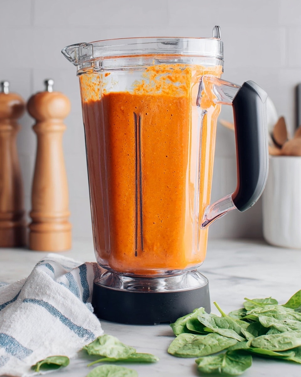 A clear blender container with a black handle filled nearly three-quarters with smooth, bright orange sauce that sticks slightly to the sides and top edges. The blender is placed on a white marbled surface with fresh green spinach leaves scattered in the front right corner. A folded white cloth with blue stripes lies on the left side next to a wooden pepper mill. The background shows a light neutral wall and blurred kitchen details. photo taken with an iphone --ar 4:5 --v 7