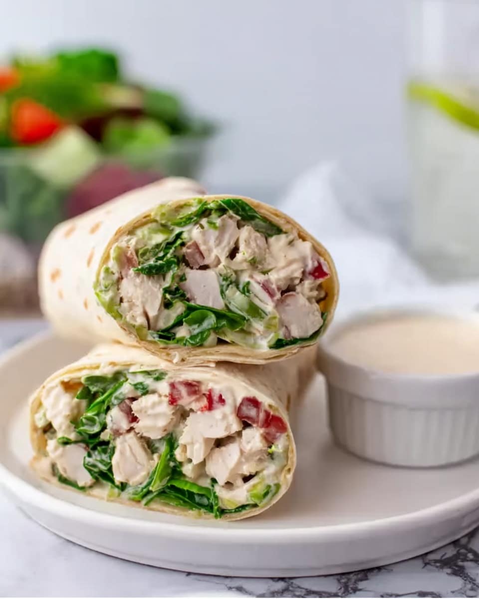 The image shows a wrap cut in half, revealing two layers inside. The outer layer is a soft, light beige tortilla. Inside, there are chunks of white chicken mixed with fresh green lettuce and darker leafy greens. The filling looks moist, and the wrap is placed on a white plate next to a small white bowl with creamy dressing. The plate sits on a white marbled surface with a blurred background of cloth textures. A woman's hand is holding one half of the wrap slightly raised, showing the inside clearly photo taken with an iphone --ar 4:5 --v 7