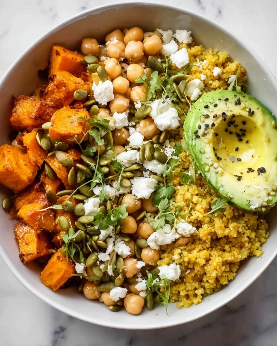 A white bowl filled with a colorful salad sits on a white marbled surface. The salad has three main layers: the bottom layer is bright orange roasted sweet potato pieces with a soft, slightly crispy texture; the middle layer contains pale beige chickpeas with a smooth, round shape scattered evenly; the top layer is sprinkled with small, pale crumbles of feta cheese and fresh, chopped green herbs, adding a pop of green color. A small few whole basil leaves rest on top as garnish. In the background, a white cloth with a green leafy pattern is slightly blurred. Photo taken with an iphone --ar 4:5 --v 7