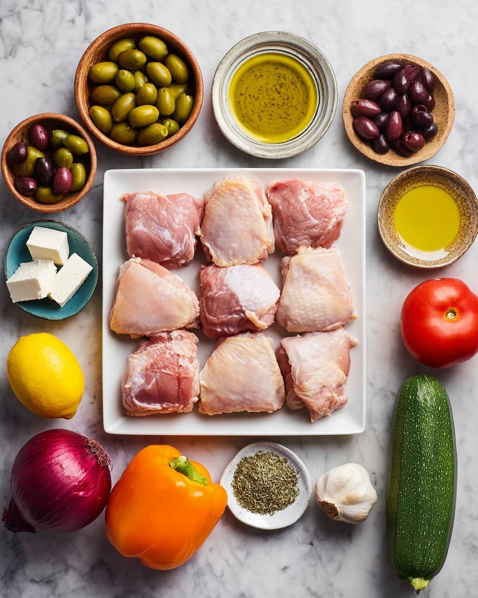 The image shows a white square plate with nine raw chicken thighs placed neatly in three rows of three. Around the plate, there are small bowls and fresh ingredients arranged on a white marbled surface: a bowl of green olives, a bowl of dark olives, a small bowl of olive oil, a bowl of white feta cheese cubes, and a bowl of coarse salt. There are also two lemons, one red tomato, one orange bell pepper, one whole zucchini, one small red onion, two small bowls of dried herbs, and a single garlic clove on a white saucer. photo taken with an iphone --ar 4:5 --v 7