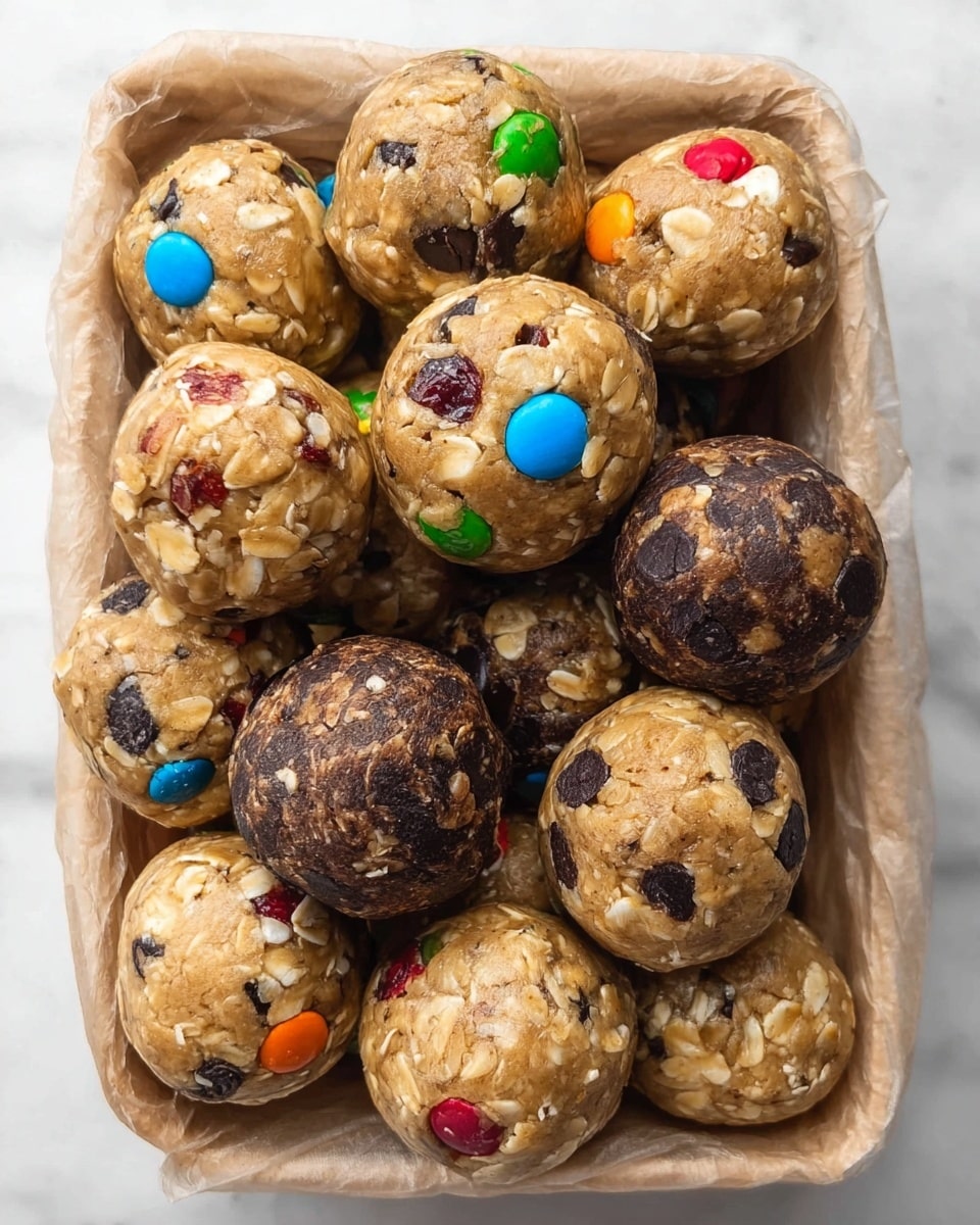 A container filled with round energy balls stacked closely together, in two main colors: light tan and dark brown. The light tan balls have visible oats and mix-ins like colorful candy pieces (red, blue, green, orange), white nuts, chocolate chips, dried raisins, and cranberries. The dark brown balls show oats and chocolate chips scattered on their surface. The texture appears dense and slightly rough due to the oats and mix-ins. The container is lined with parchment paper against a white marbled background. Photo taken with an iphone --ar 4:5 --v 7