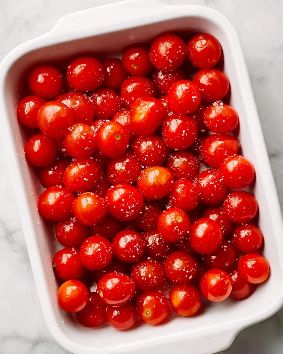 The image shows a white baking dish filled with many small, round, shiny red cherry tomatoes. The tomatoes are packed close together, with a few sprinkled with coarse salt and little black pepper flakes. The dish is placed on a white marbled surface. The lighting brings out the bright, fresh look of the tomatoes, highlighting their smooth texture. photo taken with an iphone --ar 4:5 --v 7