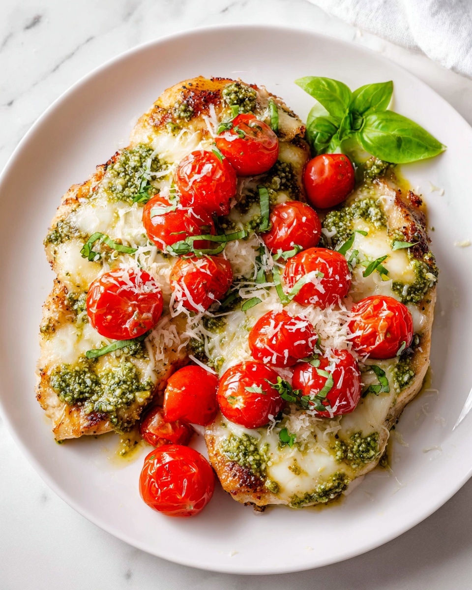 A white plate sits on a white marbled surface, holding two cooked pieces of golden-brown chicken with melted white cheese on top. The chicken is covered with bright green pesto sauce and fresh, whole red cherry tomatoes scattered over the cheese. Fresh green basil leaves are sprinkled on top, along with white grated cheese for garnish. The dish looks fresh and colorful with layers of golden chicken, melted cheese, green pesto, red tomatoes, and green basil. Photo taken with an iphone --ar 4:5 --v 7
