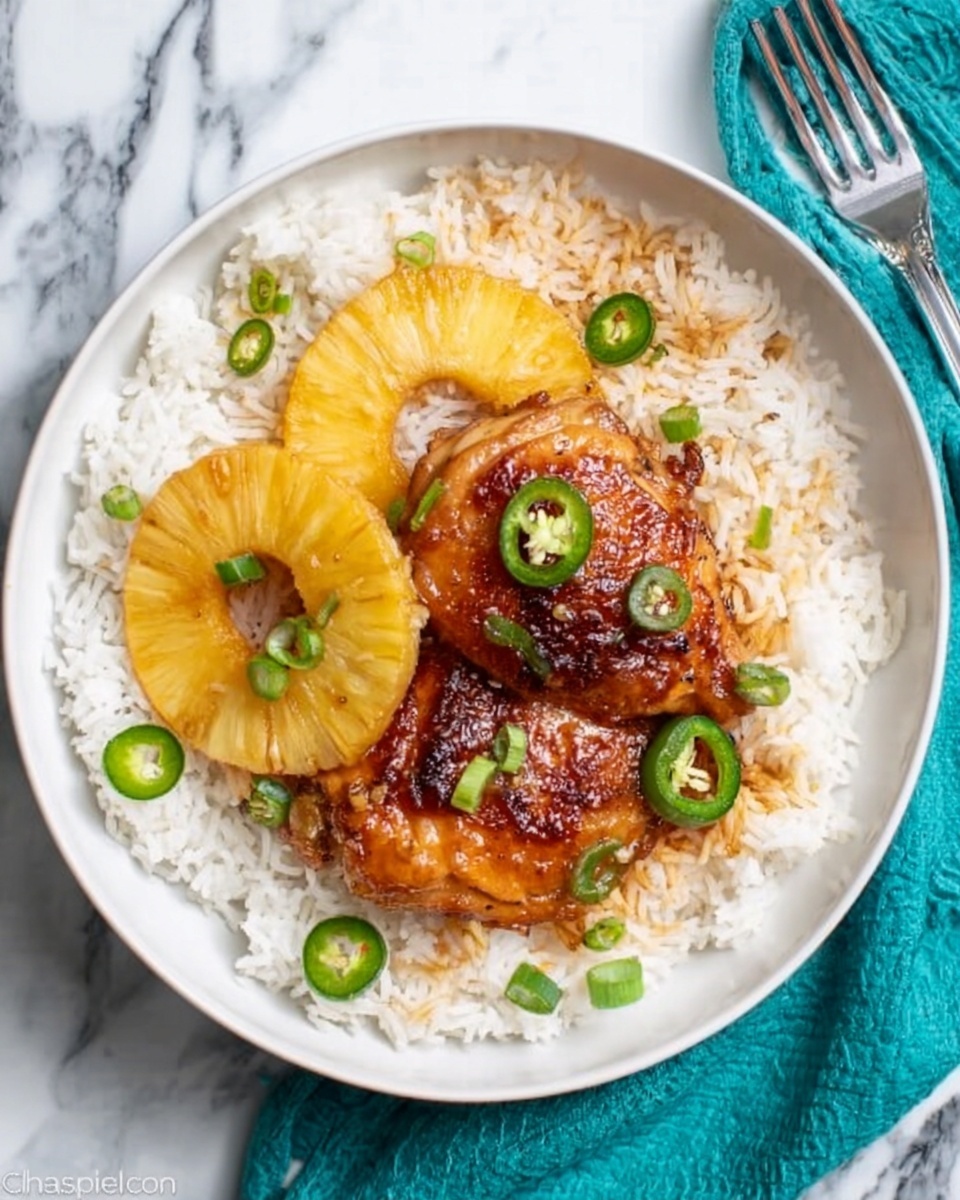 A white round bowl holds a bed of white rice as the bottom layer, fluffy and spread evenly with some rice grains scattered near the bowl edge. On this layer rests two golden brown glazed chicken pieces with a shiny caramelized texture, sitting on top of the rice. Two bright yellow pineapple rings are placed partly under and beside the chicken, adding a juicy layer. Thin slices of green jalapeño peppers and small green onion pieces are scattered over the dish, giving spots of green contrast. The bowl is set on a white marbled surface with a teal cloth napkin and a silver fork to the right. Photo taken with an iphone --ar 4:5 --v 7