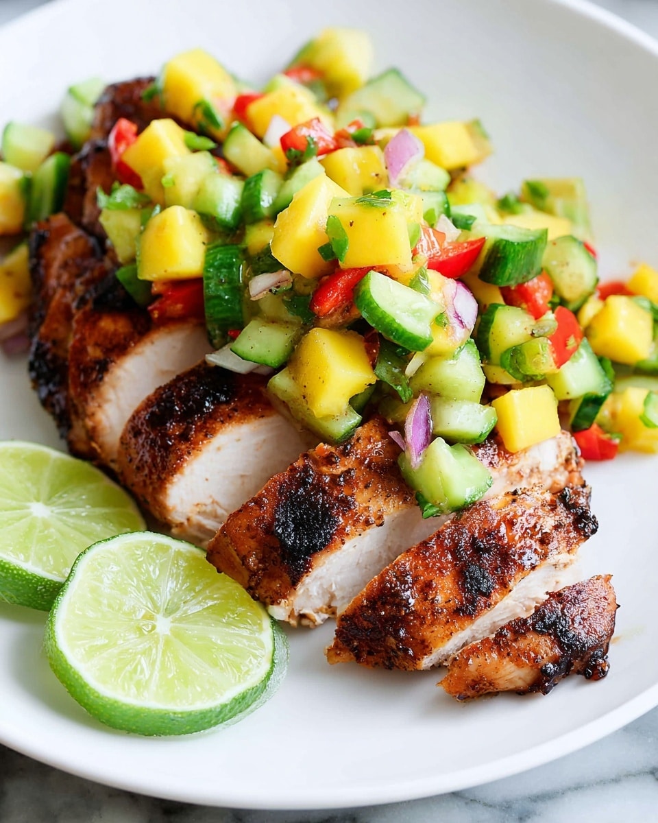 The dish shows grilled chicken sliced into four pieces with a brown, slightly charred outer layer and a white inner texture. On top of the chicken, there is a colorful salsa made of small cubes of yellow mango, green cucumber, red pepper, and bits of purple onion. To the left side of the white plate, there are two lime wedges with a fresh green color. The whole scene is set on a white marbled surface. Photo taken with an iphone --ar 4:5 --v 7