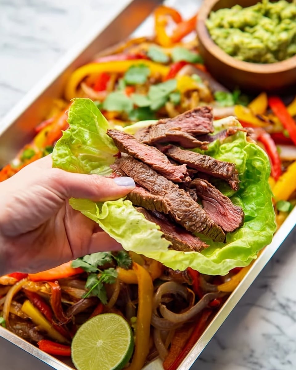 The image shows a close-up of a woman's hand holding a green lettuce leaf filled with sliced grilled steak that is brown with some pink centers. The background features a white metal tray filled with three vibrant layers: the bottom layer is a mix of colorful sautéed bell peppers and onions in shades of yellow, orange, and red with a slightly shiny texture; the next layer is the grilled steak strips scattered on top, looking juicy and tender; and to the side of the tray is a small wooden bowl with green guacamole, textured with bits of cilantro. A lime wedge is also visible near the food on the tray, all placed on a white marbled surface photo taken with an iphone --ar 4:5 --v 7
