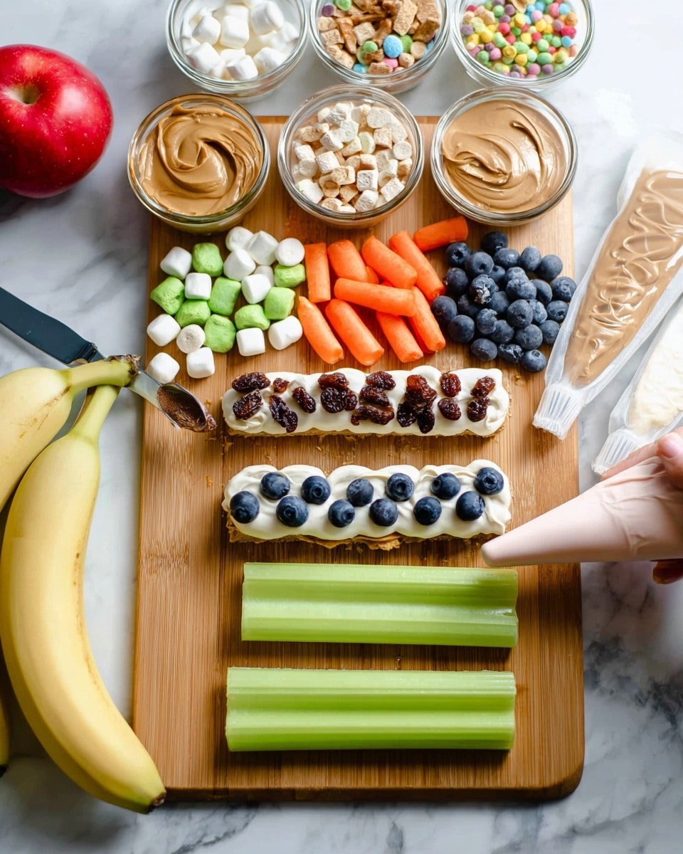The image shows a wooden board on a white marbled surface filled with various ingredients arranged neatly. At the top, there are small clear bowls of peanut butter, yogurt, and another creamy spread, surrounded by small piles of colorful items including carrots, blueberries, marshmallows, raisins, cereal clusters, and candy pieces. In the foreground, there are three celery sticks laid out, with two celery sticks filled with layers; one has a bottom layer of white cream topped with three blueberries and the other has a peanut butter layer topped with small raisins. A woman's hand is holding a piping bag that is filling one celery stick with a creamy pink spread, and there are two other piping bags filled with different spreads resting on the board. A spoon and knife lie beside the celery, with a red apple and bananas in the background. photo taken with an iphone --ar 4:5 --v 7