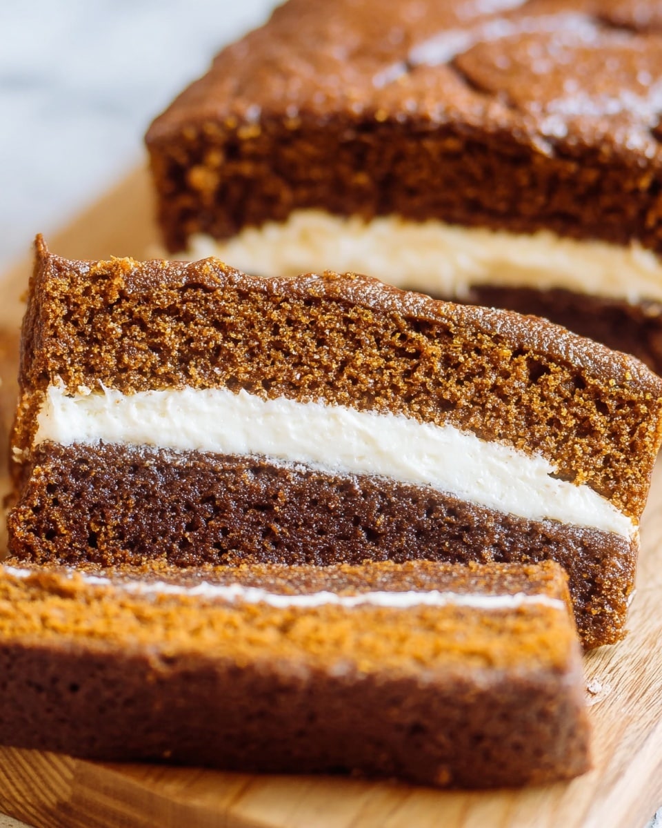 The image shows a stack of pumpkin cake slices on a white plate, placed on a white marbled surface. The stack has three main layers: the bottom layer is a thick, round pumpkin cake base with a rough texture and golden brown color; the middle layer is two square slices of pumpkin cake with a creamy white filling running through the center vertically, creating a clear contrast between the brown cake and white cream; the top layer is another square slice of pumpkin cake, matching the middle slices. The creamy filling is smooth and stands out against the crumbly texture of the cake. The background is blurred with a white marbled texture. Photo taken with an iphone --ar 4:5 --v 7