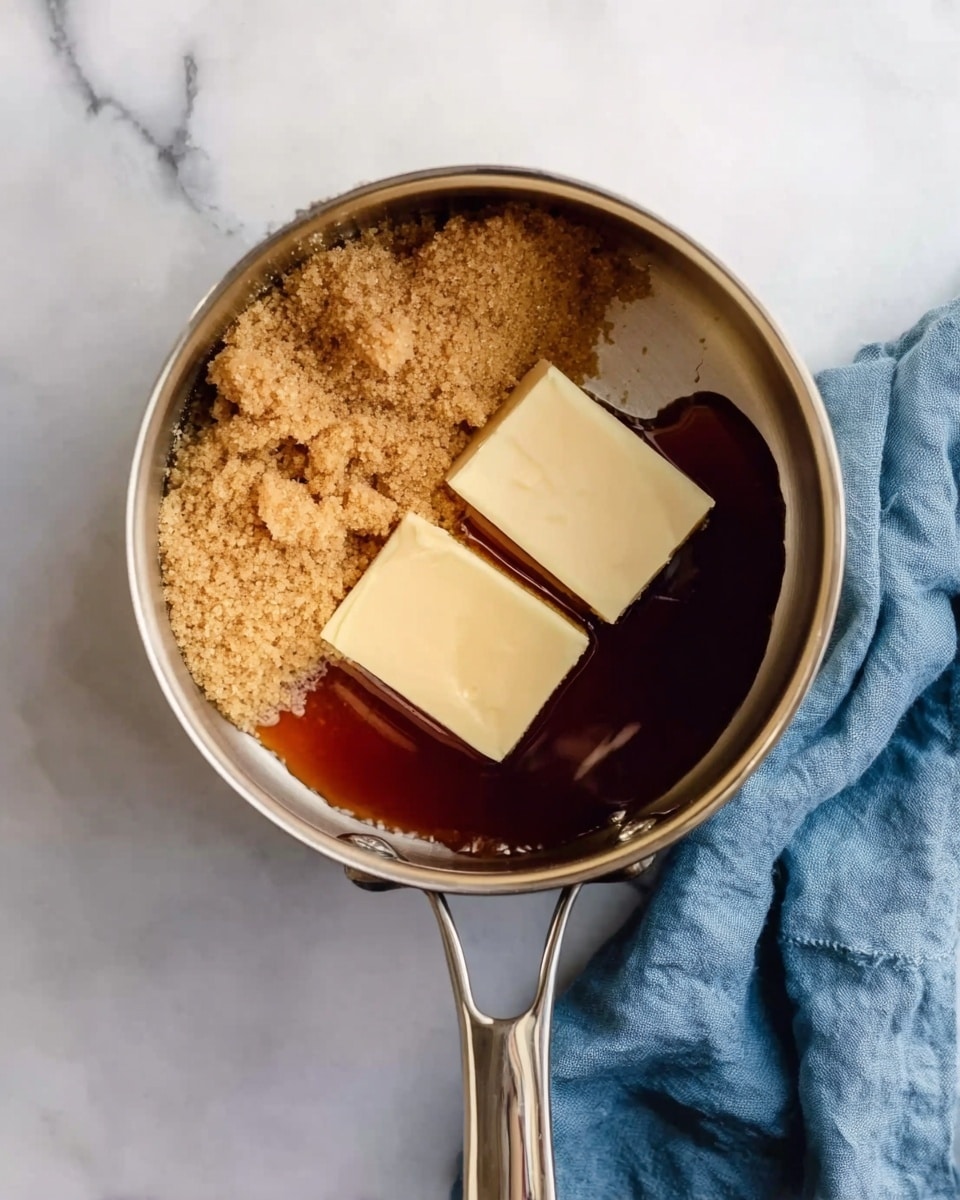 A top-down view of a silver saucepan on a white marbled surface with a blue cloth on the right side. Inside the saucepan, there are three main ingredients arranged side by side: light brown crumbly sugar on the left, two rectangular blocks of pale butter in the middle, and a dark amber liquid syrup on the right. The ingredients sit neatly without mixing, showing clear colors and textures. Photo taken with an iphone --ar 4:5 --v 7