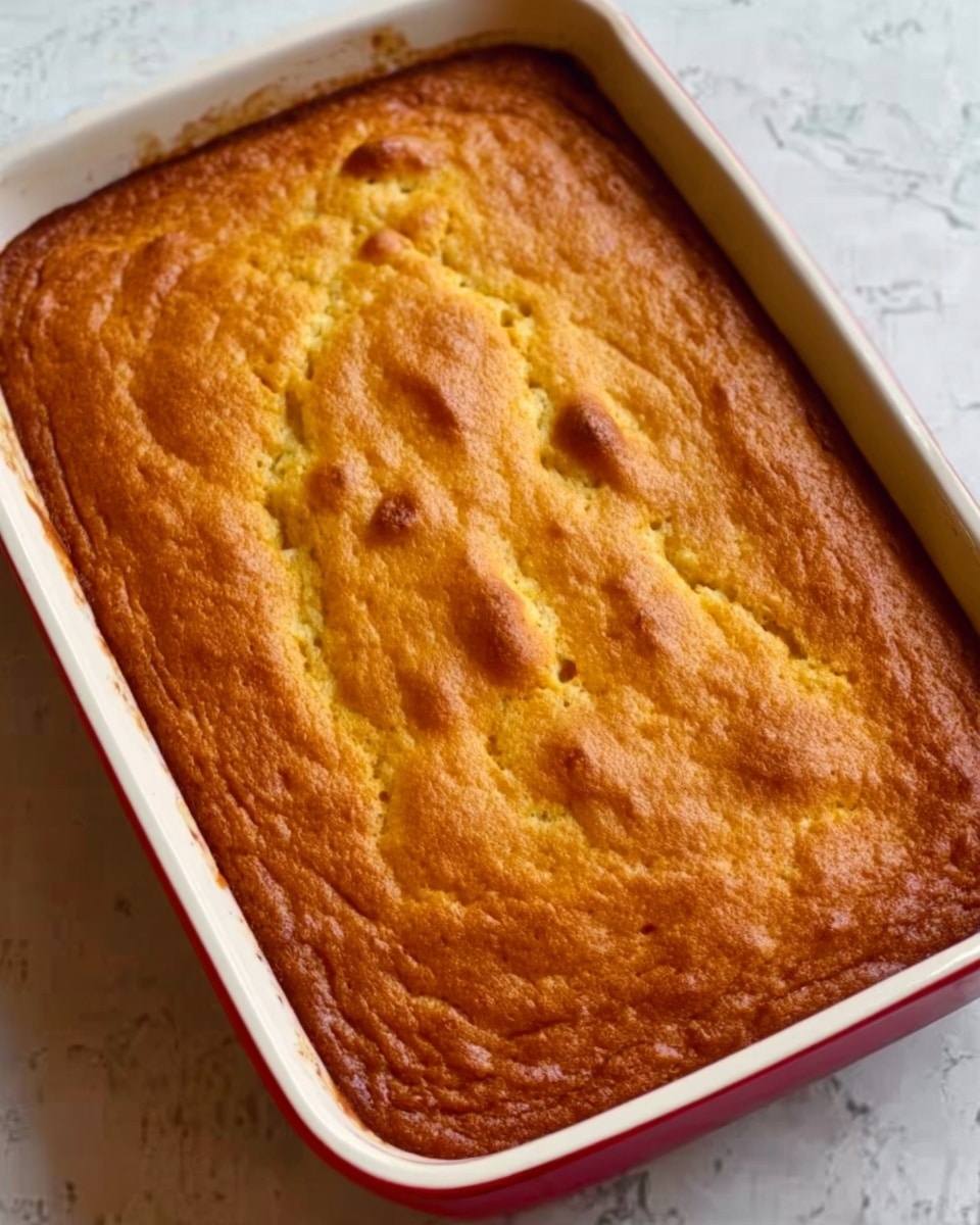 A golden brown baked dish in a white rectangular ceramic baking dish with rounded edges and red outer rim, showing a slightly uneven, textured surface with small visible bumps and a few lighter spots. The dish fills the baking pan fully, appearing soft but firm on top. The background is a white marbled texture. photo taken with an iphone --ar 4:5 --v 7