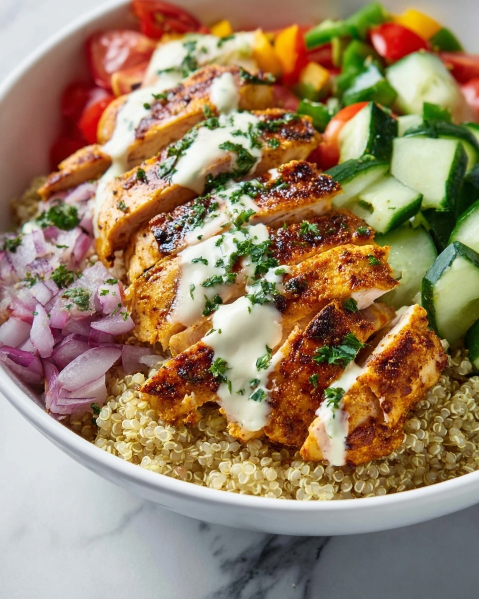The dish shows a white bowl filled with four main layers: at the bottom is a light beige quinoa layer with small round grains, above it is a colorful mix of chopped green bell peppers, red onion, and small red tomatoes, next is a layer of sliced cucumber pieces. On top, there are thick slices of grilled golden-brown chicken with a slightly charred texture, drizzled with a light creamy white sauce and sprinkled with chopped green herbs. The bowl sits on a white marbled surface. Photo taken with an iphone --ar 4:5 --v 7