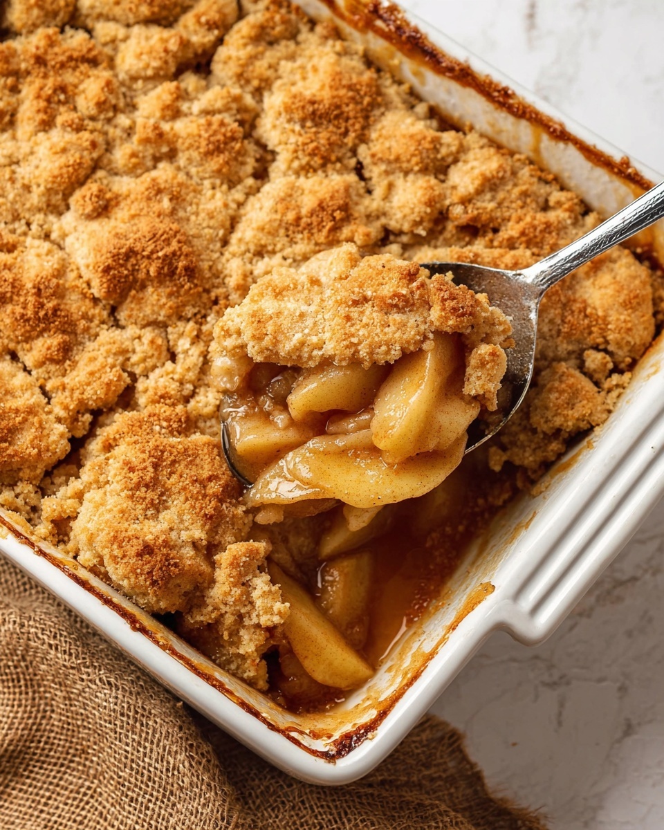 The image shows a white rectangular dish filled with a two-layered apple cobbler. The bottom layer consists of soft, cooked apple slices with a warm, golden-brown color and a slightly thick syrup around them. The top layer is a rough, uneven golden-brown biscuit crust that looks crumbly and crisp. A silver spoon lifts part of the cobbler, revealing the juicy apples and syrup underneath the crust. The dish sits on a white marbled surface with a piece of brown burlap fabric nearby. Photo taken with an iphone --ar 4:5 --v 7