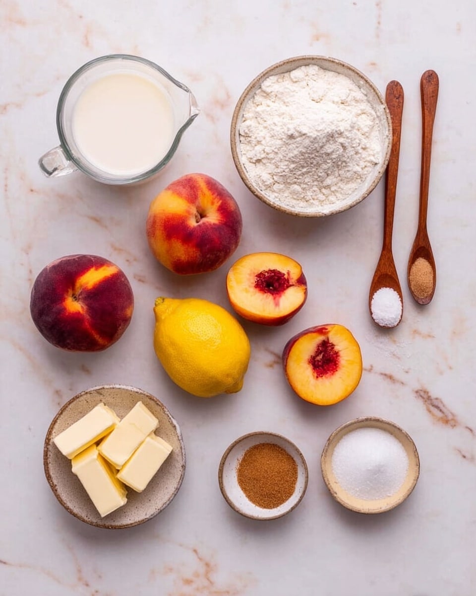 A white marbled surface holds several ingredients neatly arranged: a clear glass measuring cup with milk on the left, a bowl of white flour above it, five whole peaches and two peach halves with orange and red skin at the top center, half a lemon with yellow flesh below the peaches, a small bowl with light brown cinnamon next to a small bowl with white sugar, a bowl of cubed butter on the right, and two wooden spoons with brown and white sugar in the center. The colors range from creamy whites, soft yellows, to warm reds and browns, all set on a clean white marbled background. Photo taken with an iphone --ar 4:5 --v 7