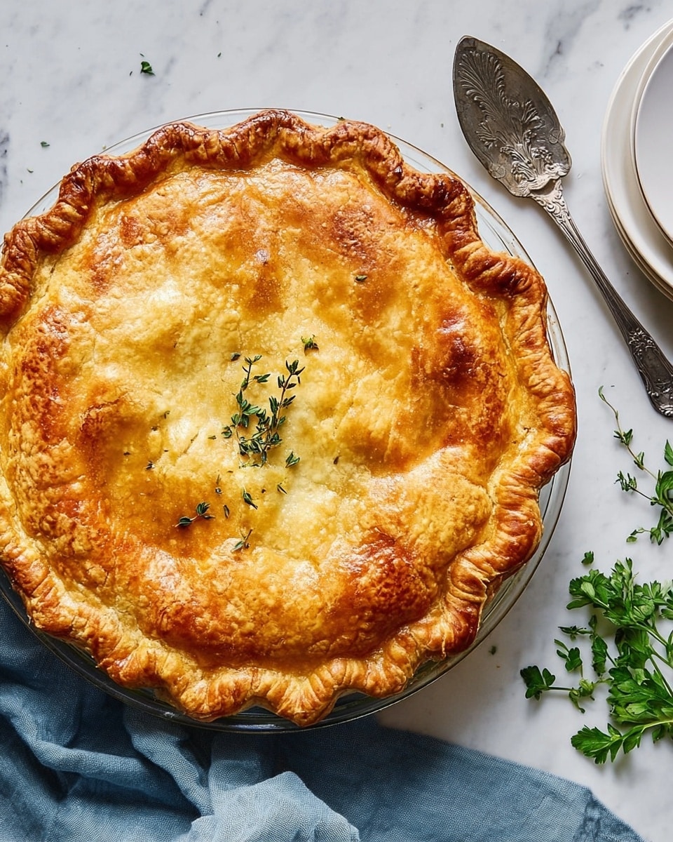 A golden brown pie with a shiny, crispy top crust sits in a clear glass pie dish. The pie crust has a slightly uneven, hand-crimped edge and a small sprig of fresh green thyme placed in the center. The pie is placed on a white marbled surface next to a vintage silver pie server resting on a folded blue cloth. To the right, there are some green parsley leaves and thyme sprigs scattered around, with two stacked white plates nearby. Photo taken with an iphone --ar 4:5 --v 7