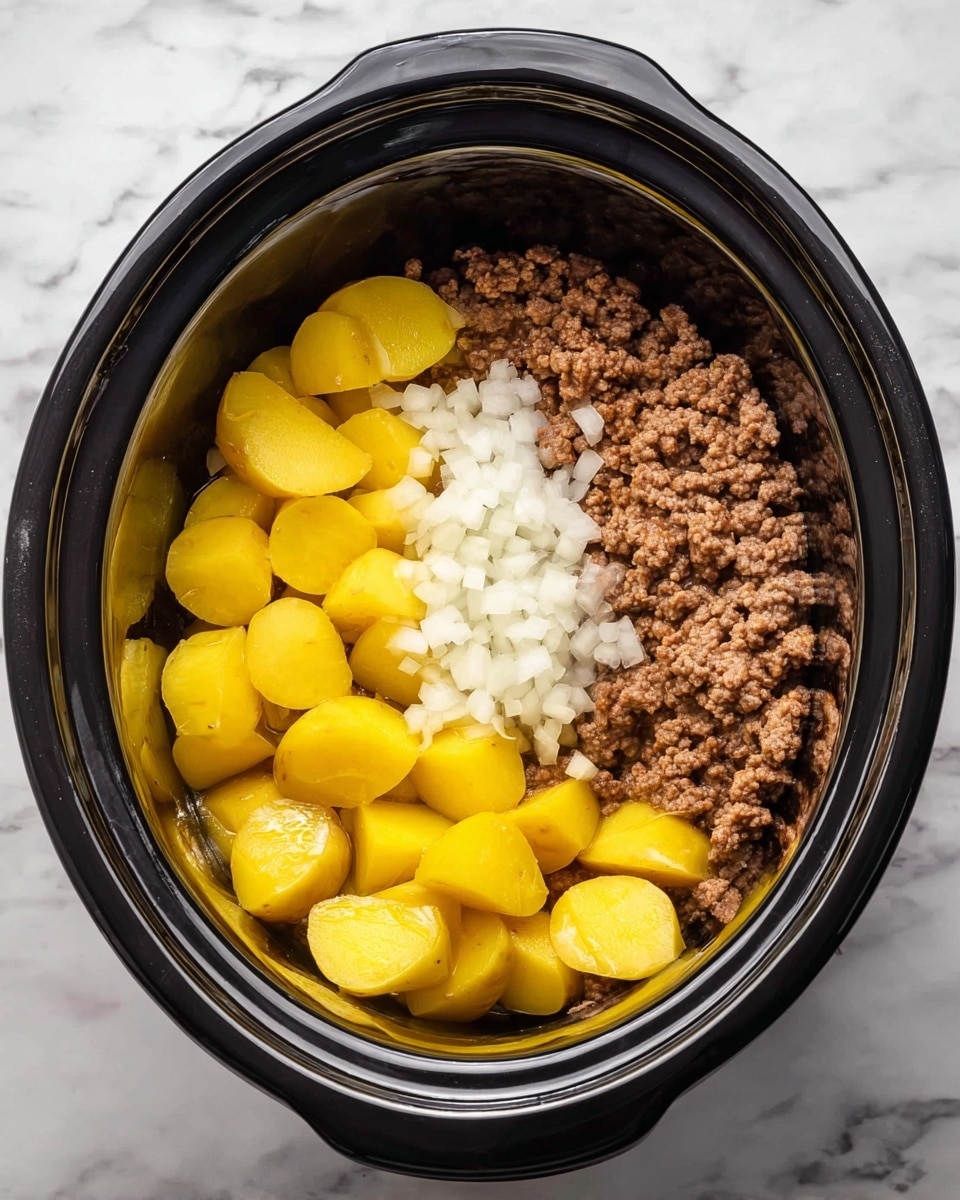 The image shows the inside of a black slow cooker filled with three visible layers: bright yellow quartered potatoes at the bottom, topped with a small pile of finely chopped white onions in the middle, and a layer of cooked, crumbled brown ground meat covering the top half. The slow cooker rests on a white marbled surface. photo taken with an iphone --ar 4:5 --v 7