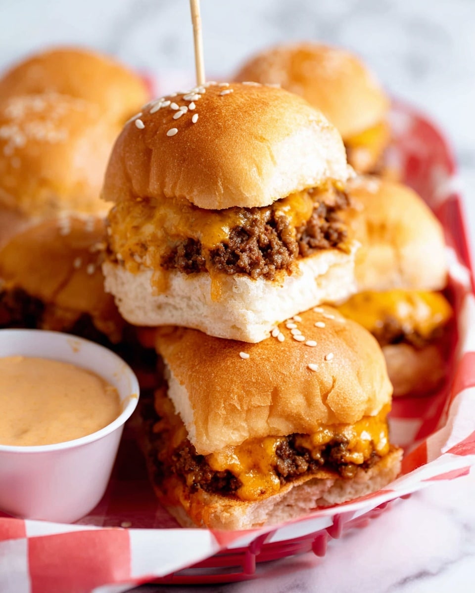 The image shows several small sliders stacked closely together on a white marbled surface. Each slider has a soft, golden-brown top bun sprinkled with white sesame seeds. Inside, there are two visible layers: a layer of cooked ground meat with a crumbly texture and a layer of melted cheese that is creamy yellow and orange, seeping slightly out of the bun and mixing with the meat. The bottom bun is soft and white, matching the texture of the top bun. In the background, more sliders are slightly blurred, emphasizing the front slider's detailed view. photo taken with an iphone --ar 4:5 --v 7