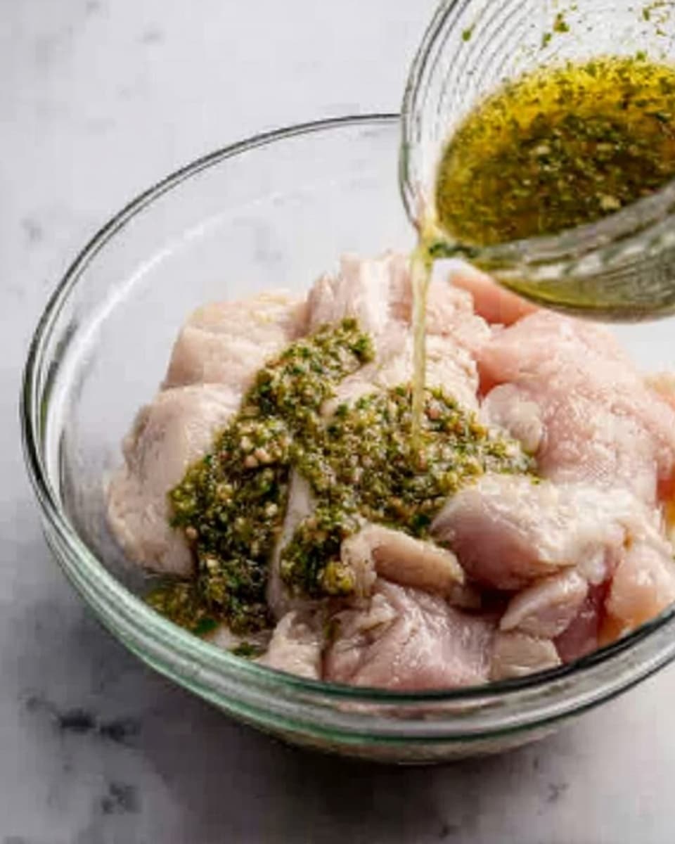 A clear glass bowl with raw pale pink chicken pieces inside, topped with a chunky green herb sauce being poured from a small clear glass bowl, all set on a white marbled surface. The sauce shows herbs and small bits, covering part of the chicken. A woman's hand is seen holding the small bowl, pouring the sauce gently over the chicken pieces. photo taken with an iphone --ar 4:5 --v 7