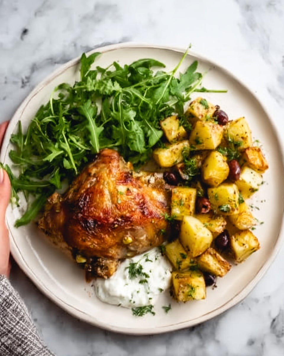 A white plate on a white marbled surface holds a cooked, crispy brown chicken leg in the center. To the side of the chicken are small roasted golden potato cubes mixed with herbs and a few olives. A small dollop of white sauce sits near the potatoes. Fresh green arugula leaves fill the top left area of the plate. A woman's hand is holding the plate. photo taken with an iphone --ar 4:5 --v 7