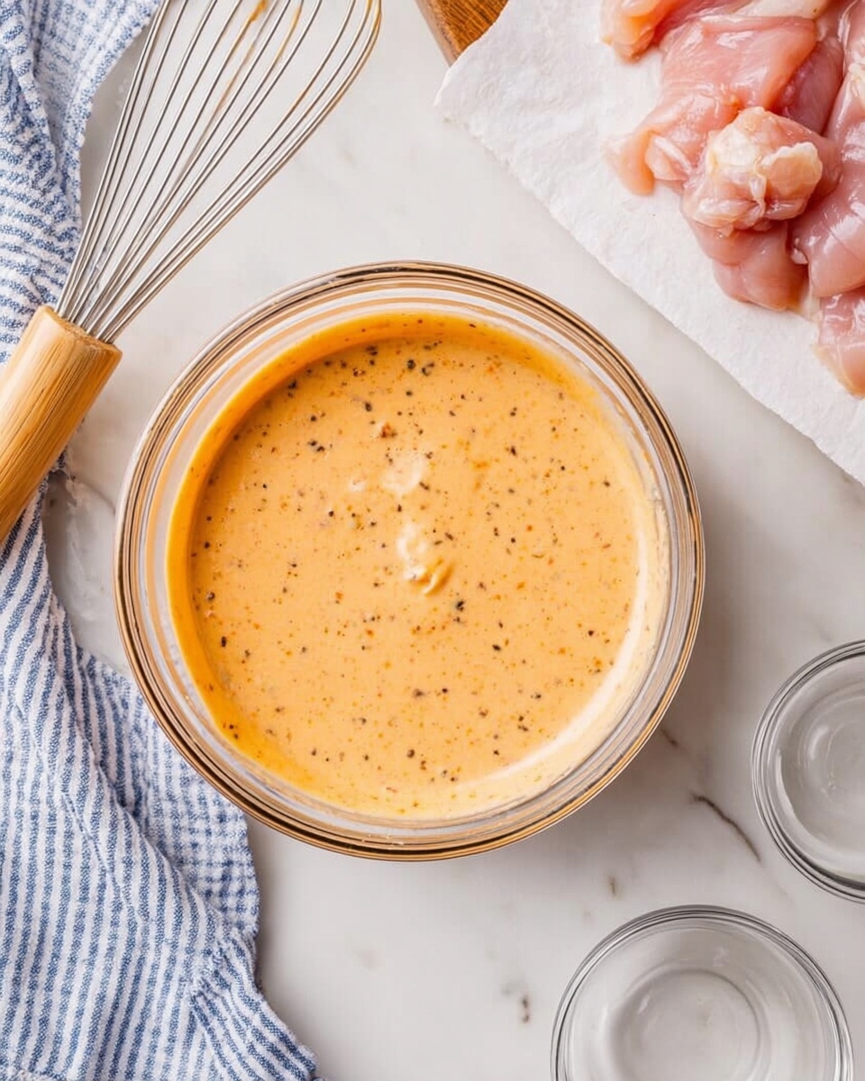 A clear glass bowl filled with a creamy light orange sauce that has small black specks evenly spread, showing a slightly thick texture with some lumps in the center, placed on a white marbled surface. To the left of the bowl is a metal whisk with a light wooden handle, resting on the surface with some sauce residue on it. To the right, there are raw pink chicken pieces on white parchment paper, and two small empty clear glass bowls are nearby. A blue and white striped cloth is folded and lies partially in the top left corner of the image. Photo taken with an iphone --ar 4:5 --v 7