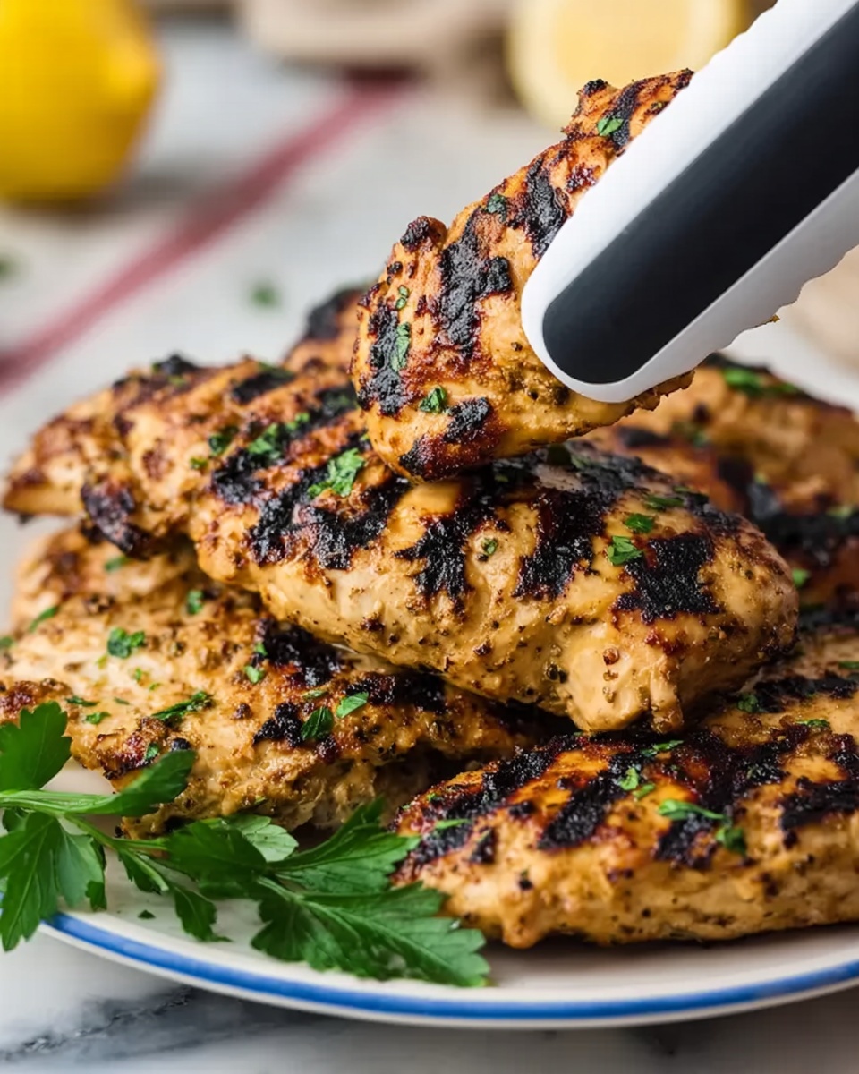 A close-up view of several pieces of grilled chicken with dark grill marks and a golden-brown surface stacked on a white plate with a thin blue rim. The chicken looks moist with small green herb bits on top and fresh green parsley leaves placed around the chicken on the plate. A pair of black and white tongs is holding one piece of chicken above the others, showing the texture and color clearly. The background is a white marbled surface with a blurred hint of a lemon wedge in the corner. photo taken with an iphone --ar 4:5 --v 7