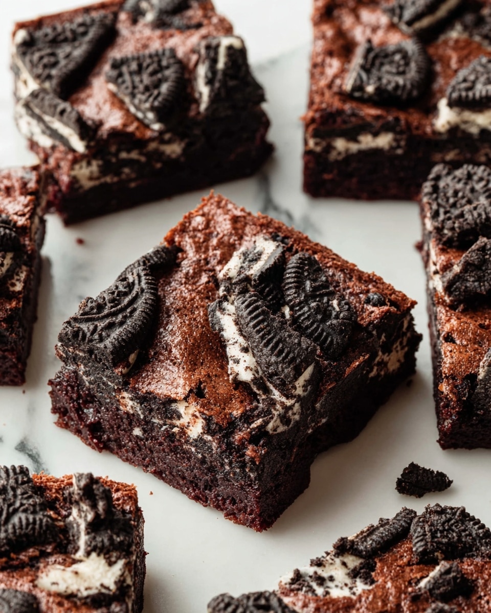 This image shows several square brownies laid out on a white marbled surface. Each brownie has one thick dark brown chocolate layer mixed with chunks of black and white sandwich cookies scattered on top and partially inside the brownie. The cookies are broken into pieces, adding a rough texture with black and white color contrast against the rich brown base. The brownies appear moist and dense, and they are arranged close to each other, some overlapping slightly. Photo taken with an iphone --ar 4:5 --v 7