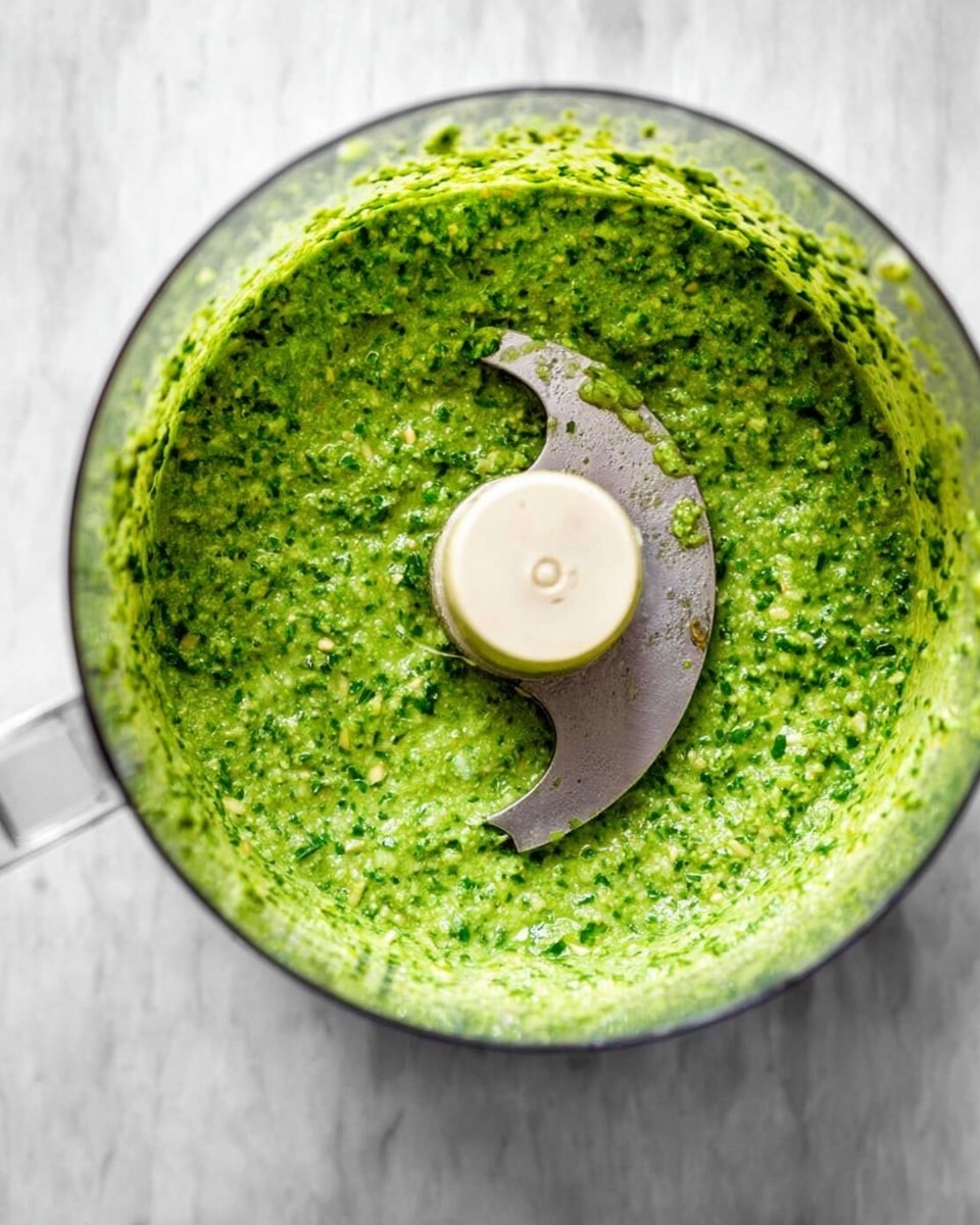 The image shows a clear food processor bowl filled with a bright green pesto sauce. The sauce has a slightly chunky texture with small bits of herbs visible throughout. The metal blade inside the processor sits in the middle, partially coated with the pesto. The bowl rests on a white marbled surface, and the green sauce contrasts well with the clear sides of the container. Photo taken with an iphone --ar 4:5 --v 7