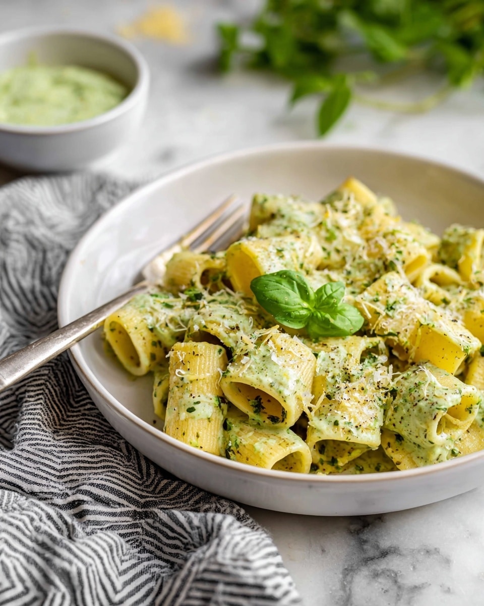 The image shows a white bowl filled with rigatoni pasta covered in a creamy green pesto sauce with visible bits of herbs. The pasta pieces are short, tube-shaped, and evenly coated with the sauce, sprinkled lightly with grated cheese on top. A small fresh basil leaf is placed in the center as a garnish. To the side of the bowl is a silver fork partially sitting inside the pasta. Around the bowl, there is a small white bowl of grated cheese, a white speckled plate with fresh basil leaves, and a cup with more green sauce. The background is a white marbled surface with a gray and white striped cloth at the bottom edge of the image. Photo taken with an iphone --ar 4:5 --v 7