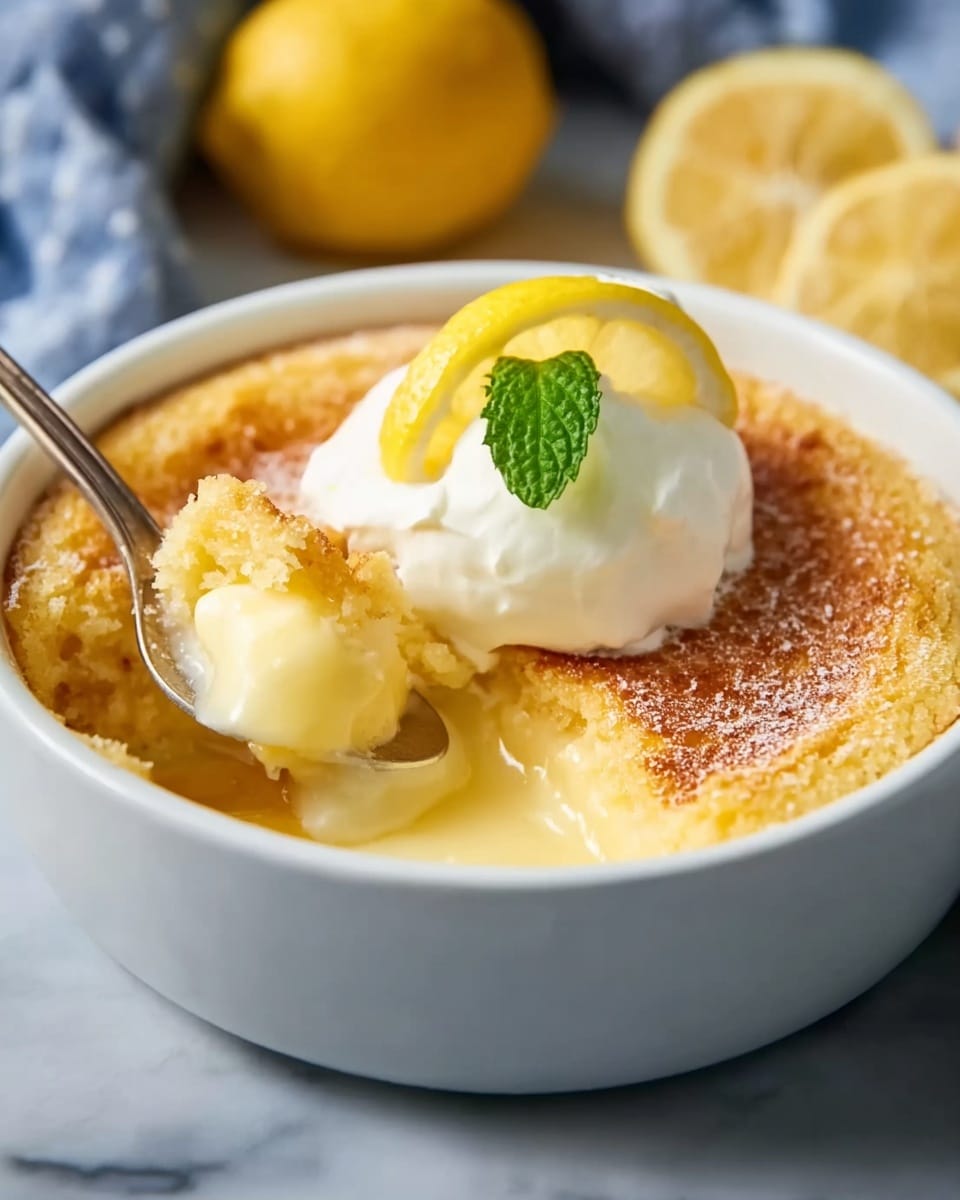 A white oval dish filled with a soft baked pudding that is golden brown on top with a light dusting of powdered sugar. The pudding has a thick, smooth pale yellow custard layer underneath the fluffy golden top layer. A spoon rests inside the dish, scooping some of the custard and fluffy layer. On top, there is a small dollop of cream with a thin lemon slice placed on it. The dish is set on a white marbled surface with a gray and white striped cloth underneath, and a halved lemon nearby. Photo taken with an iphone --ar 4:5 --v 7