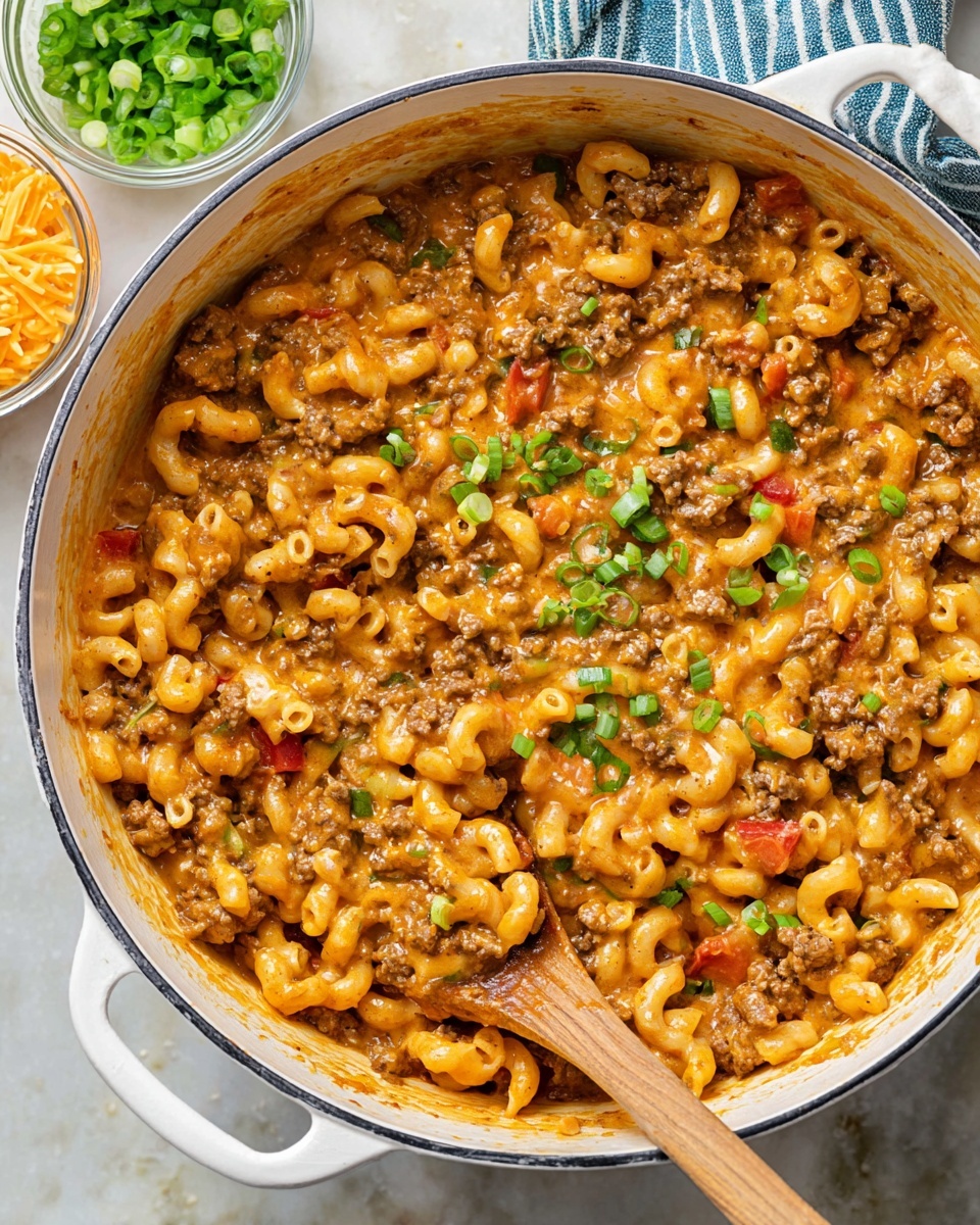A large white pot filled with a thick macaroni dish mixed with chopped cooked beef and small pieces of tomato, all covered in a creamy orange cheese sauce. Bright green chopped scallions are spread on top, adding a fresh touch. A wooden spoon is partially submerged in the food, lifting some of the mixture from the pot. The pot sits on a white marbled surface, and in the background, there are small bowls with chopped green onions and shredded orange cheese, slightly out of focus. photo taken with an iphone --ar 4:5 --v 7