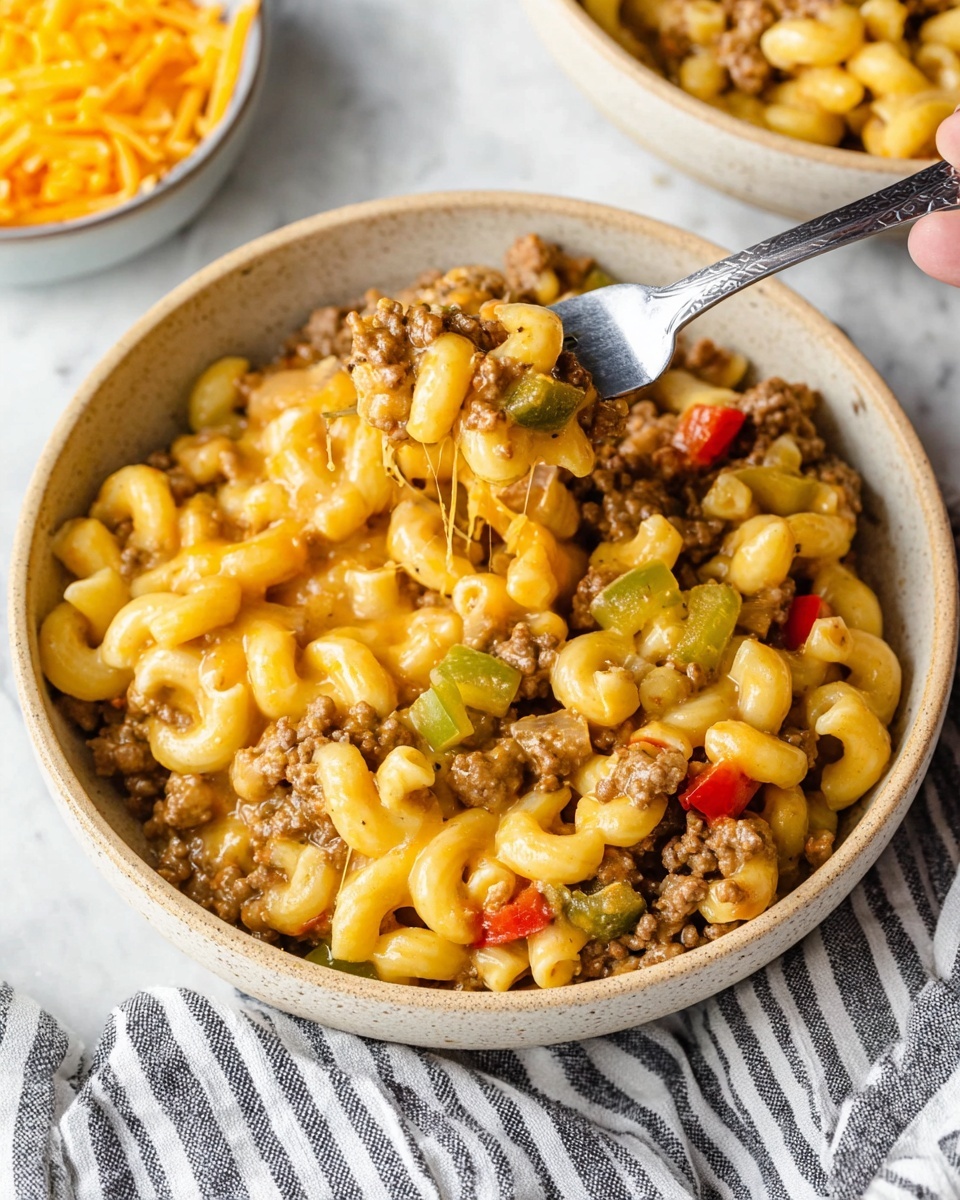 A beige bowl filled with three layers: the bottom is a creamy yellow cheese sauce, the middle layer has browned ground meat mixed with small diced red and green peppers and onions, and the top layer is curved elbow macaroni coated with the cheese sauce, some melted cheese strings visible. A woman's hand holding a fork lifts a bite showing the macaroni and meat mix close up. In the background, part of another bowl with shredded orange and white cheese on a white marbled surface. A striped cloth is partly visible near the bowl. Photo taken with an iphone --ar 4:5 --v 7