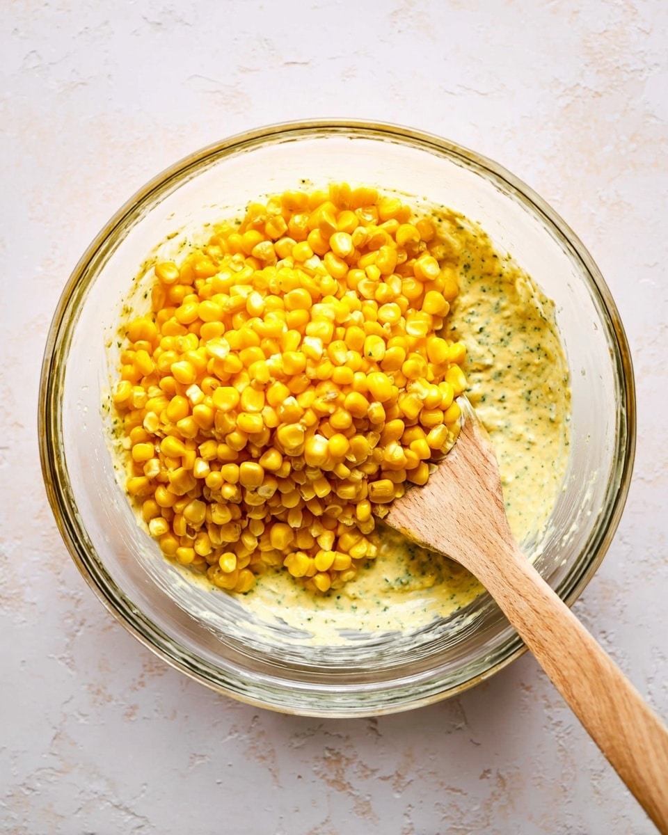A clear glass bowl sits on a white marbled surface filled with bright yellow corn kernels piled on top of a creamy light yellow mixture with green specks. A wooden spatula with a smooth texture is partially submerged in the mixture at the right side of the bowl. Photo taken with an iphone --ar 4:5 --v 7