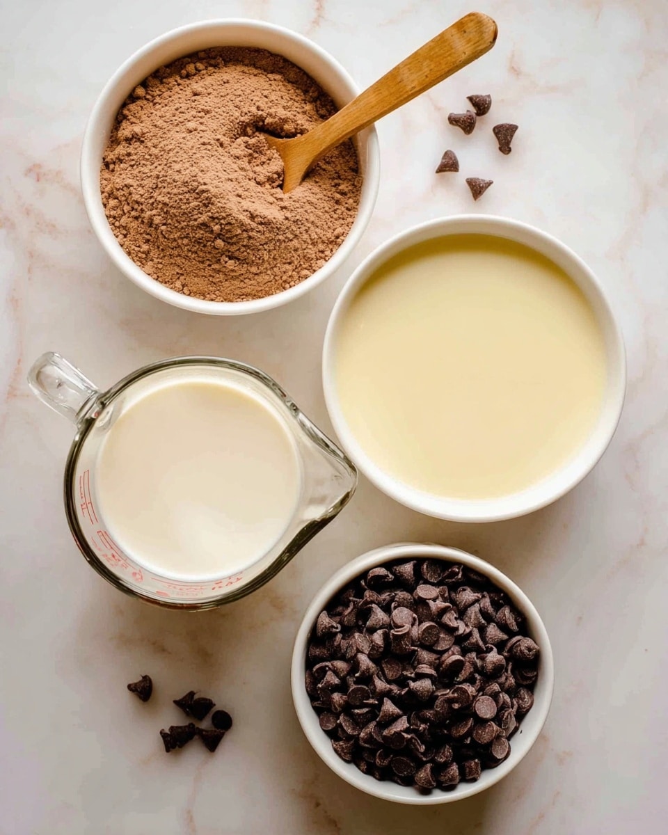 The image shows four containers on a white marbled surface. At the top left is a white bowl filled with a brown powder, with a wooden spoon resting inside. To the right of this bowl is another white bowl filled with a smooth, pale yellow liquid. Below these two bowls, at the bottom left, is a clear glass measuring cup filled with a creamy white liquid. To the right of the glass cup is a white bowl filled with small, dark brown chocolate chips, with a few scattered chips on the marble around the bowl. Photo taken with an iphone --ar 4:5 --v 7