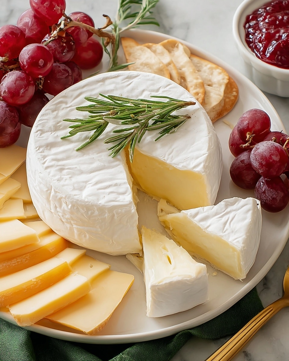 A round wheel of soft cheese with a white rind is placed on a white plate with a sprig of green rosemary on top. A wedge is cut out, showing a creamy, pale yellow inside with a smooth texture. There are two smaller slices of the cheese lying on the plate near the wheel. Nearby on the plate are thin slices of another type of cheese, pale yellow with a darker rind, arranged in a neat row. A bunch of red grapes lies at the upper left, next to a small white bowl filled with red jam. The plate is on a surface with a green cloth under it, and the overall background is a white marble texture. Photo taken with an iphone --ar 4:5 --v 7