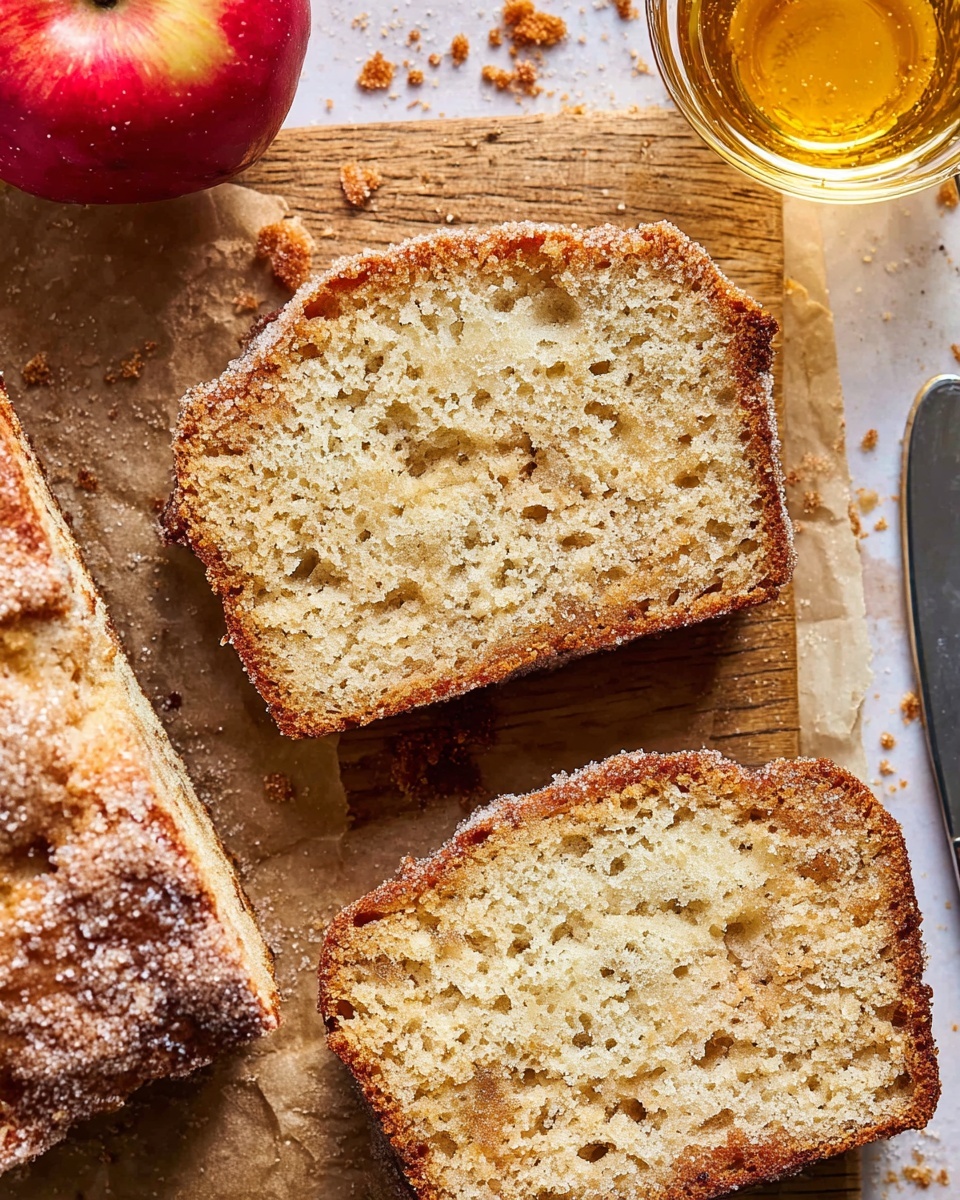 A loaf of apple cake is shown on a light brown paper on a wooden surface, with the background changed to a white marbled texture. The cake has one main layer with a golden-brown crust dusted with white sugar, and the inside is light tan, soft, and moist with a crumbly texture. Two slices are cut and lie flat in front of the main piece, showing the cake's dense, soft interior. In the blurred background, a golden-yellow apple juice glass and two apples, one red and one green, add color. The photo taken with an iphone --ar 4:5 --v 7