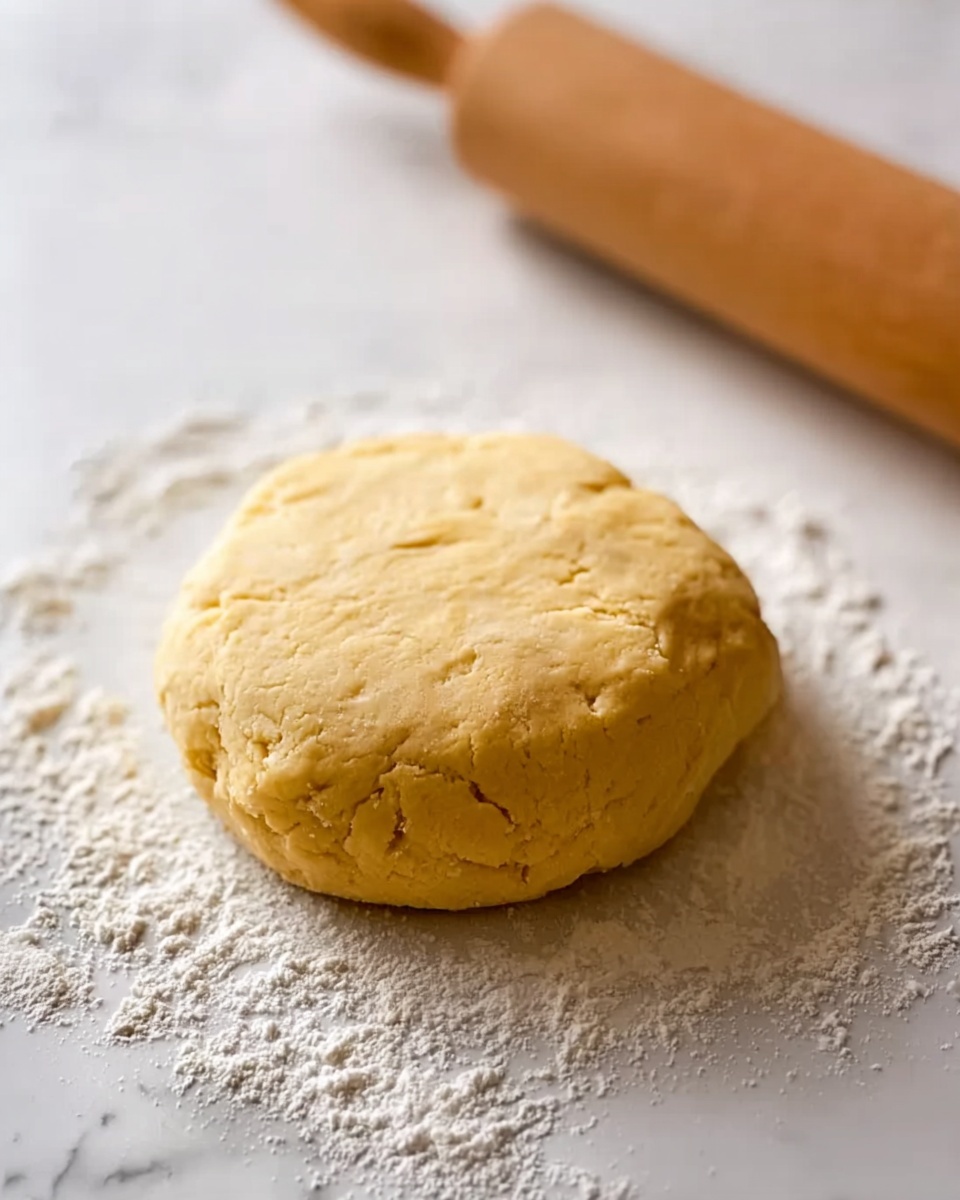 A smooth, round ball of light yellow dough rests on a white marbled surface with some white flour sprinkled around it. In the background, there is a wooden rolling pin lying sideways. The dough has small cracks and a firm texture, showing it has been kneaded well. Photo taken with an iphone --ar 4:5 --v 7