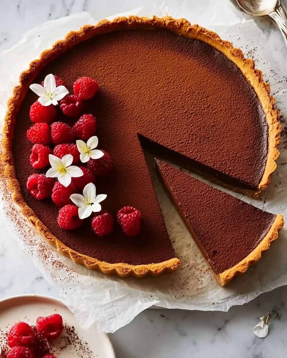 A round tart with a rich dark brown cocoa powder top layer, with a firm golden crust around the edges. One triangular slice is taken out from the tart, showing a smooth, even thickness while the base remains consistent with the crust. The tart sits on white parchment paper on a white marbled surface. On top of the tart and around it, there are bright red raspberries and small white edible flowers placed for decoration. A white plate near the bottom left corner holds the removed slice with a few raspberries nearby. Photo taken with an iphone --ar 4:5 --v 7